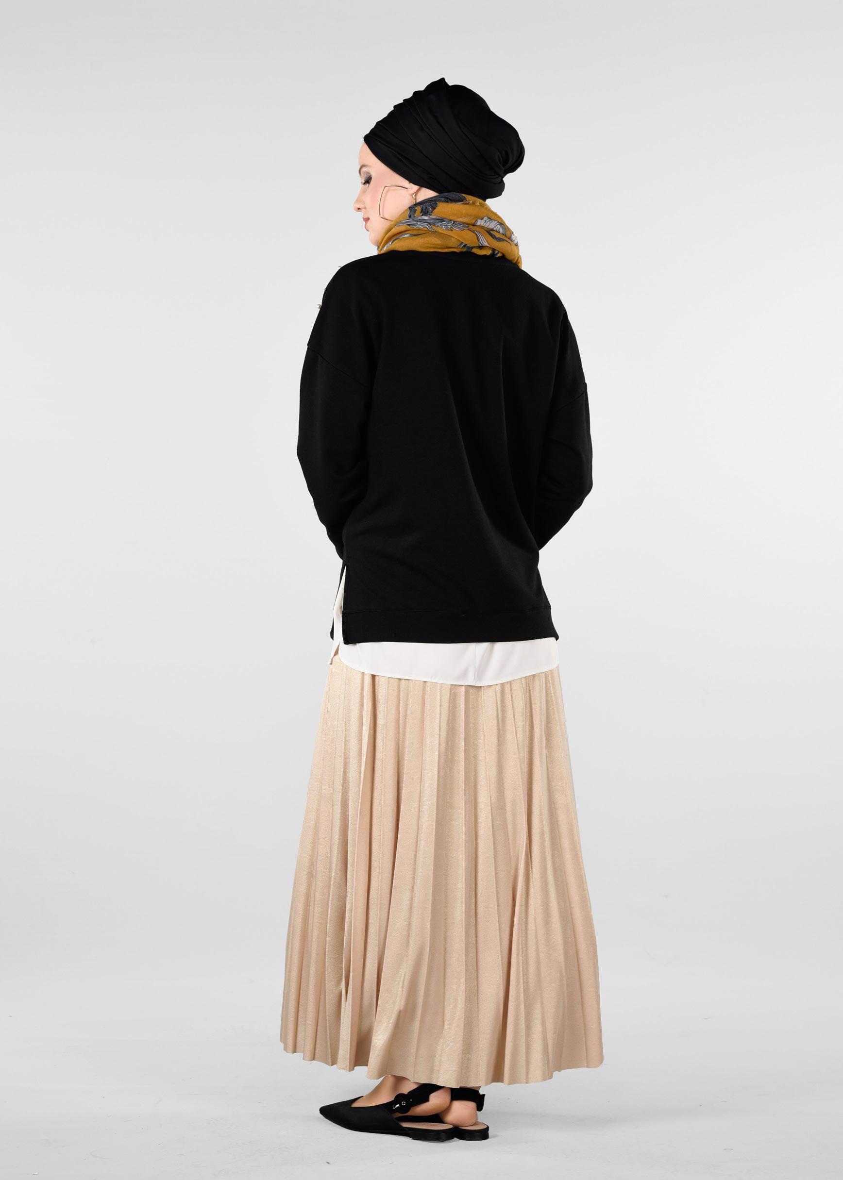 Tesettür giyim BEJ BELİ LASTİKLİ PİLİSELİ ETEK 6163