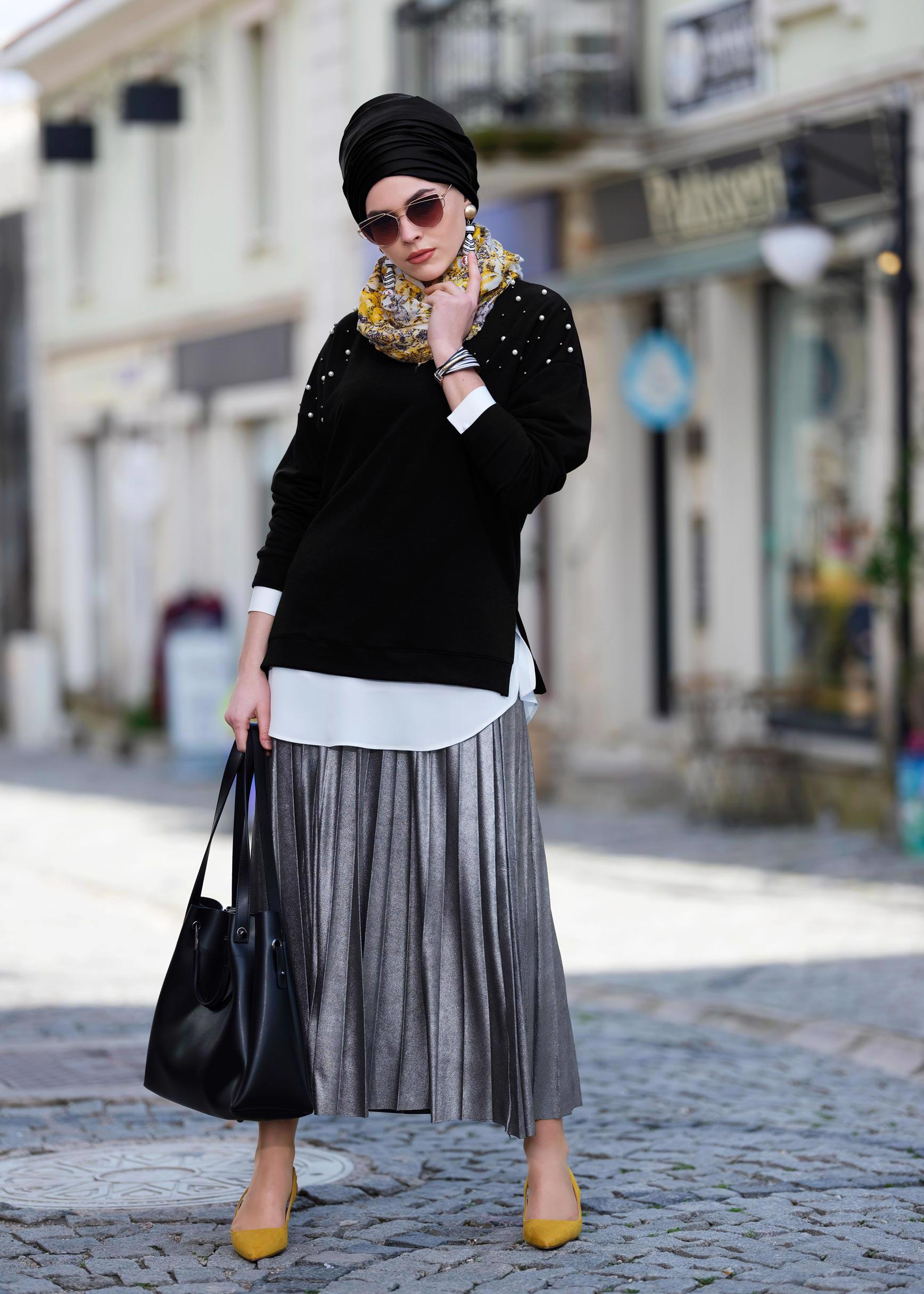 Tesettür giyim GÜMÜŞ BELİ LASTİKLİ PİLİSELİ ETEK 6163