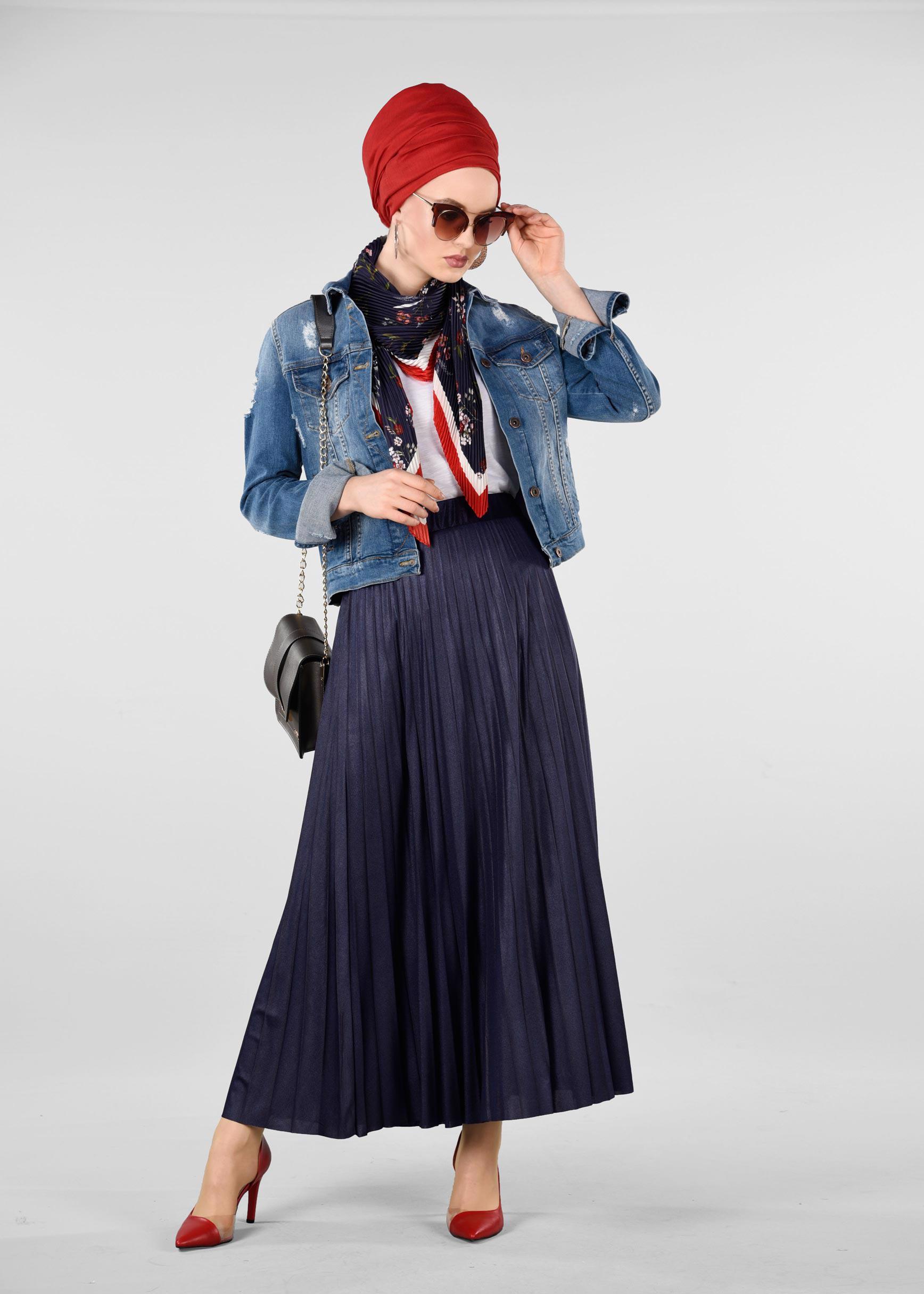 Tesettür giyim LACİVERT BELİ LASTİKLİ PİLİSELİ ETEK 6163