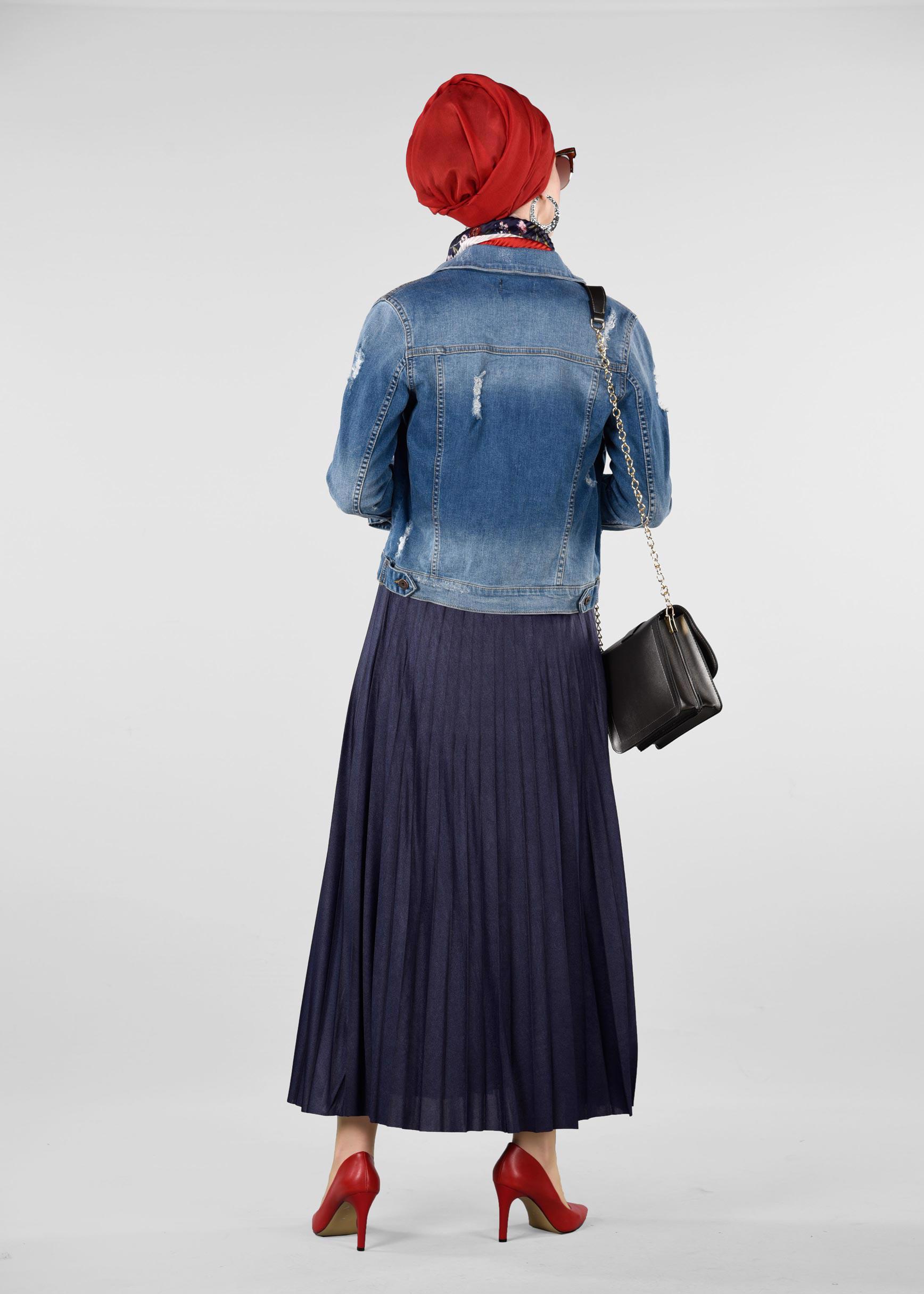 Tesettür giyim LACİVERT BELİ LASTİKLİ PİLİSELİ ETEK 6163