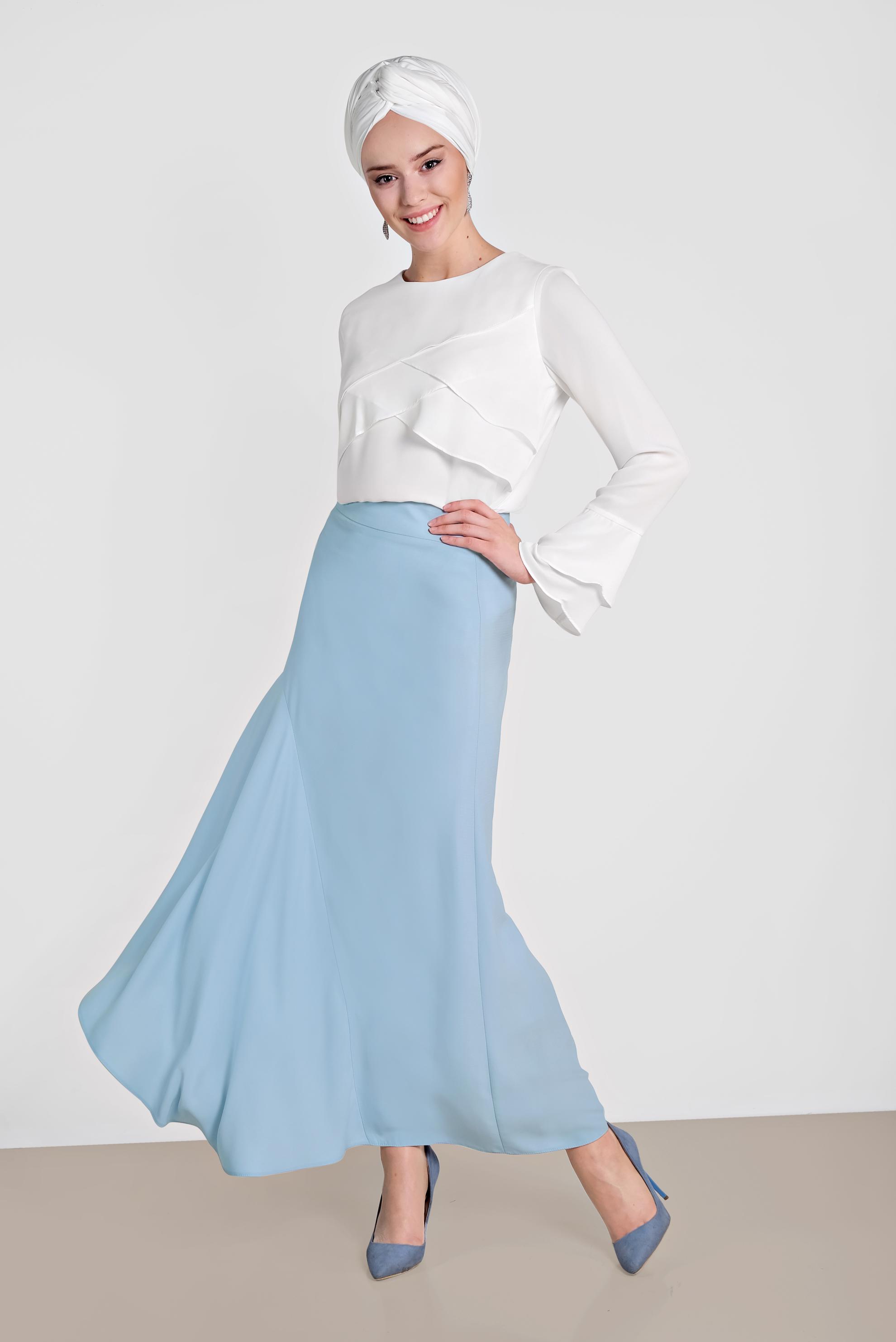 Tesettür giyim MAVİ ASİMETRİK KESİM ETEK 6189