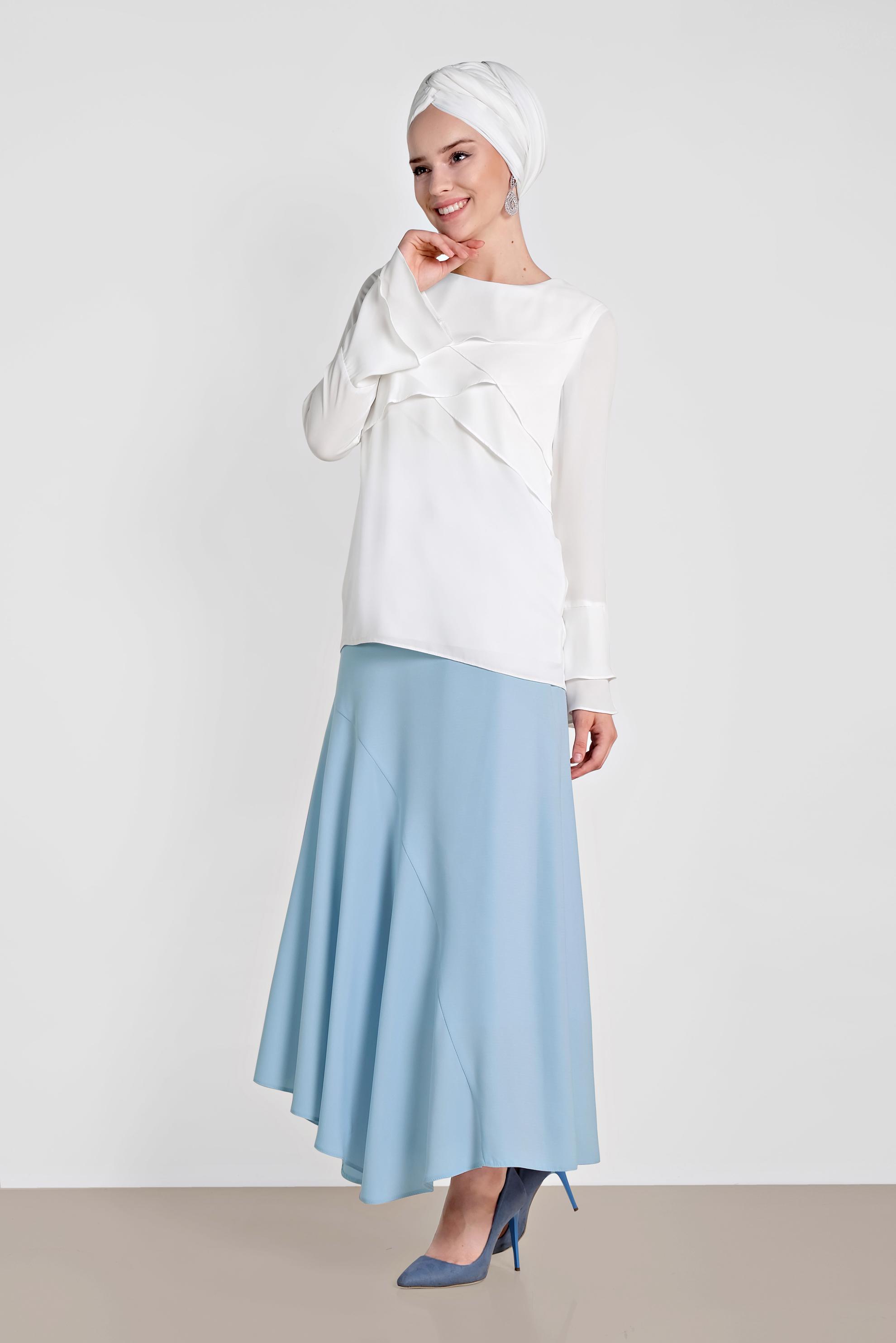 Tesettür giyim MAVİ ASİMETRİK KESİM ETEK 6189