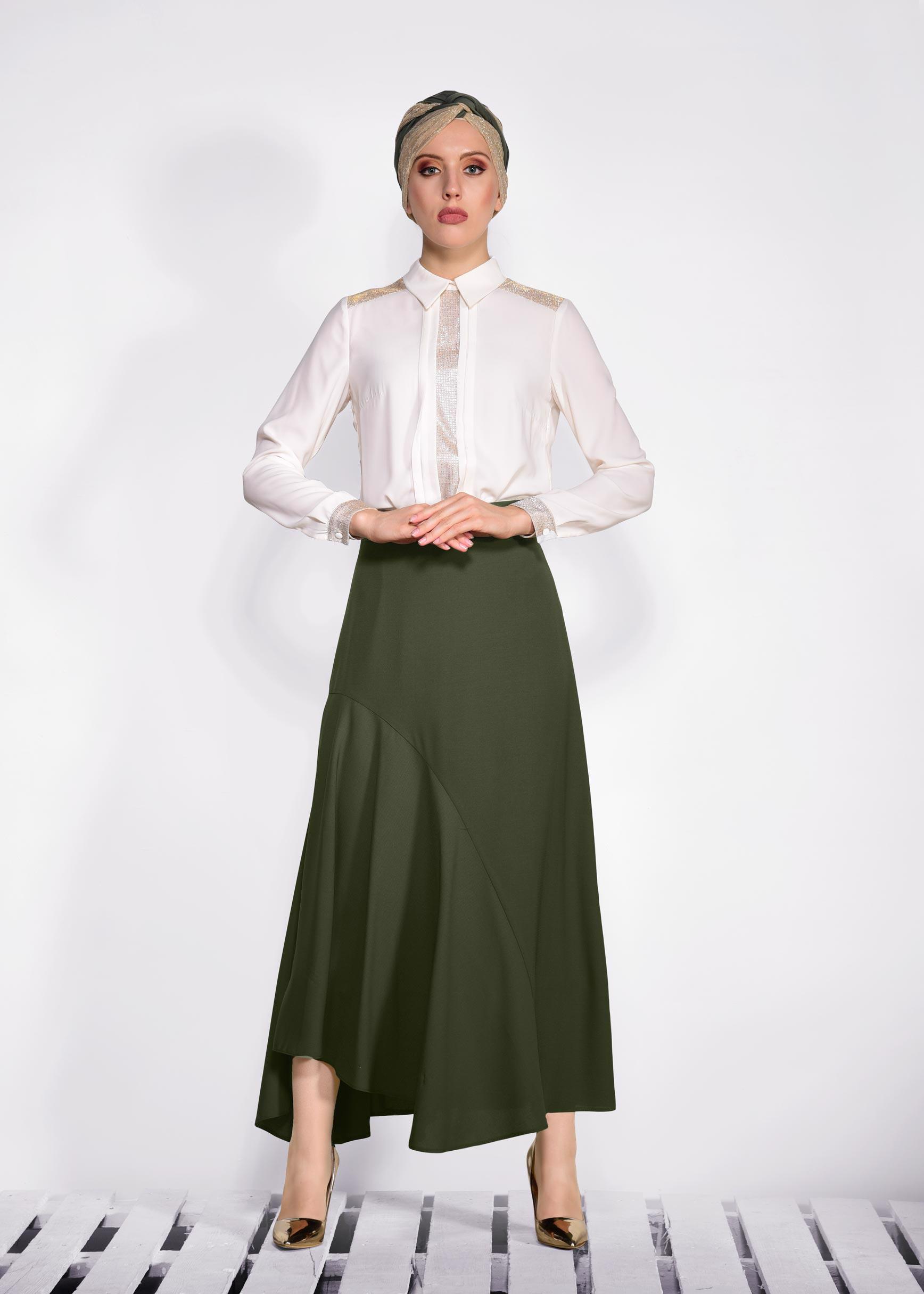 Tesettür giyim HAKİ ASİMETRİK KESİM ETEK 6189