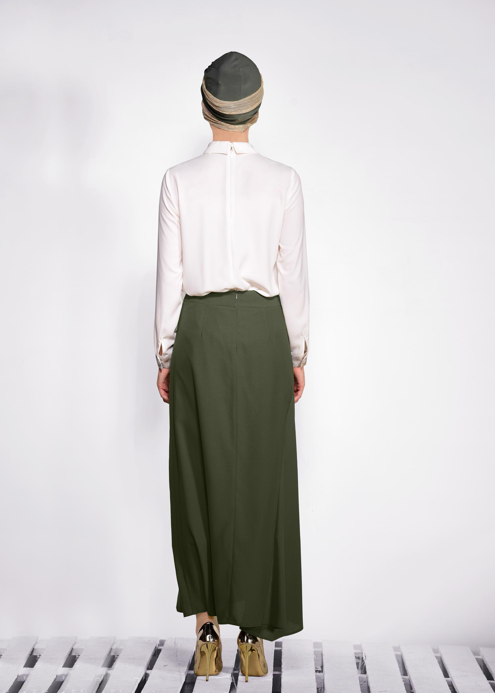 Tesettür giyim HAKİ ASİMETRİK KESİM ETEK 6189