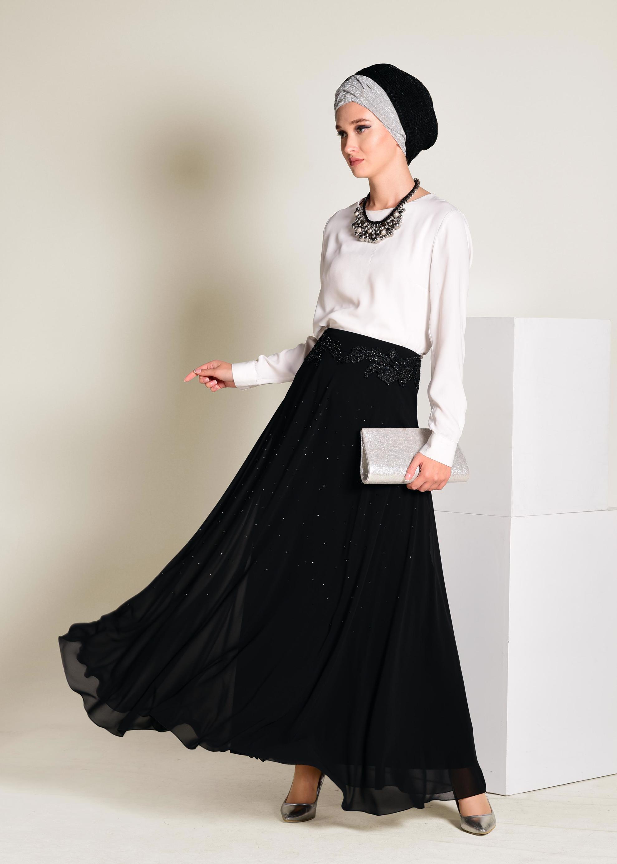 Tesettür giyim SİYAH İŞLEMELİ ŞİFON ETEK 6195