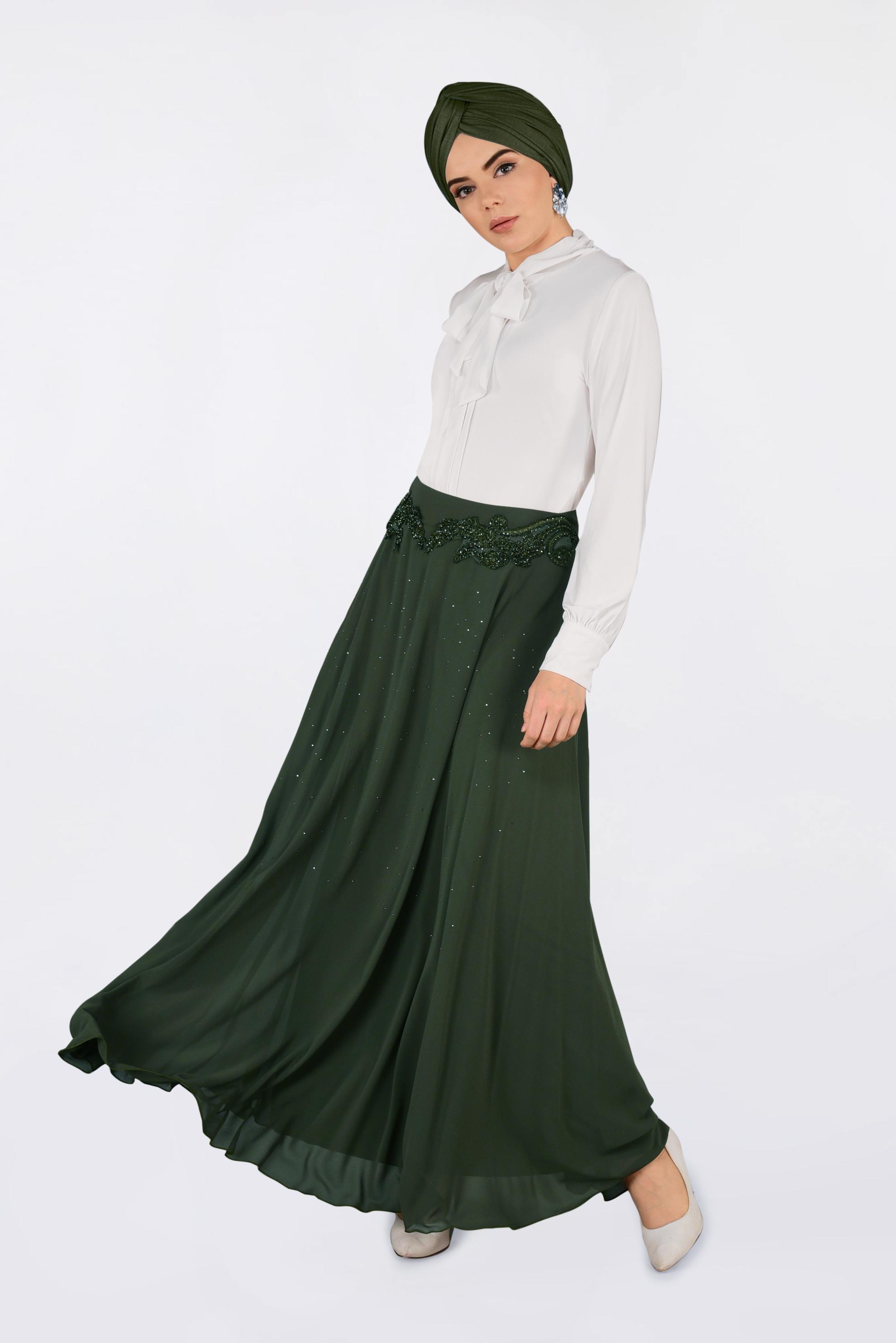 Tesettür giyim HAKİ İŞLEMELİ ŞİFON ETEK 6195