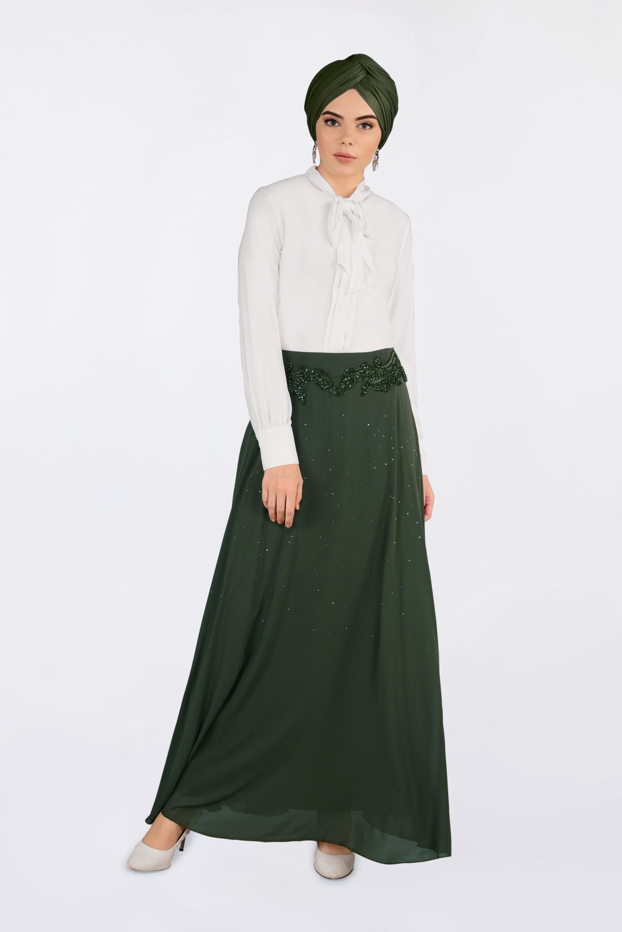 Tesettür giyim HAKİ İŞLEMELİ ŞİFON ETEK 6195