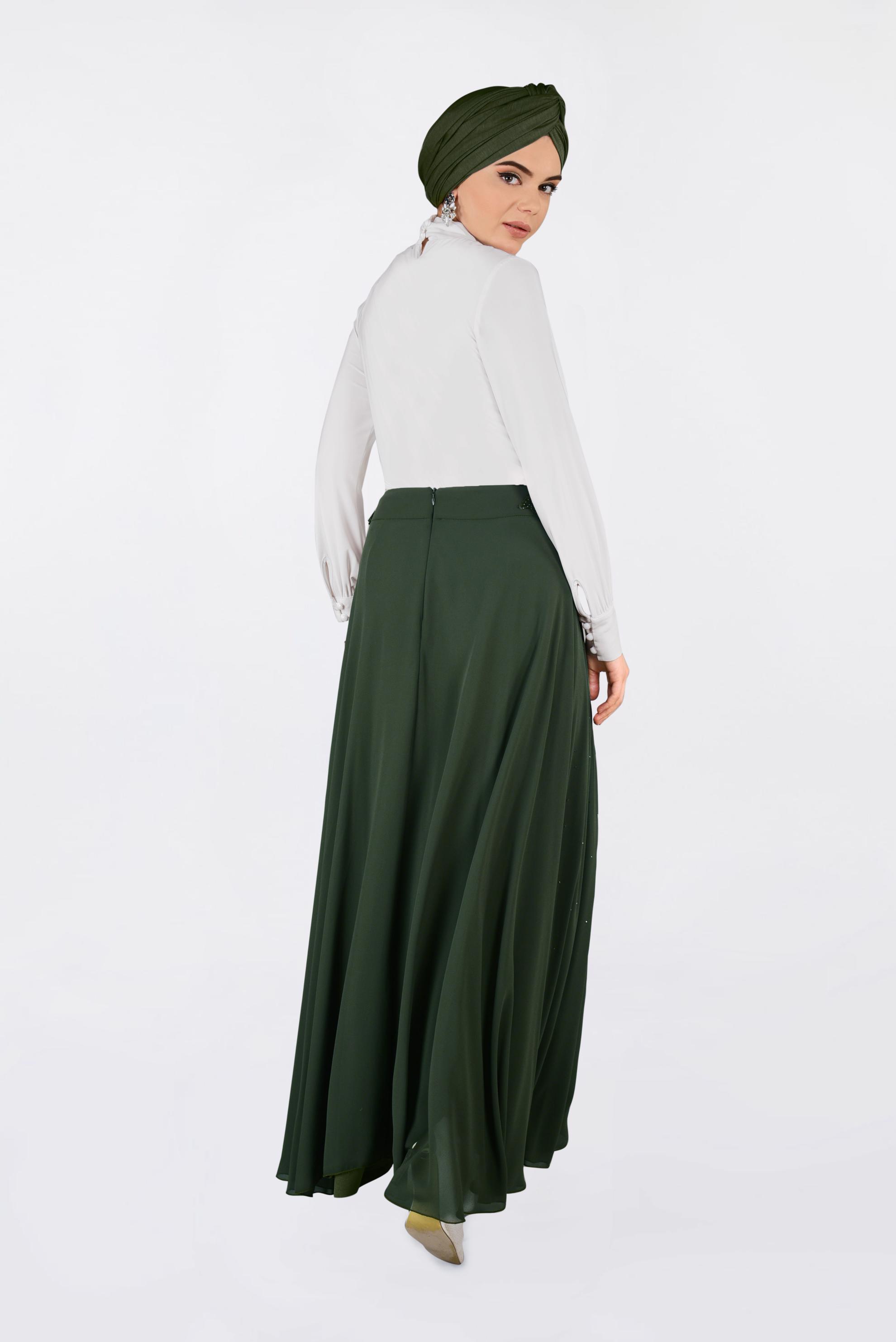 Tesettür giyim HAKİ İŞLEMELİ ŞİFON ETEK 6195