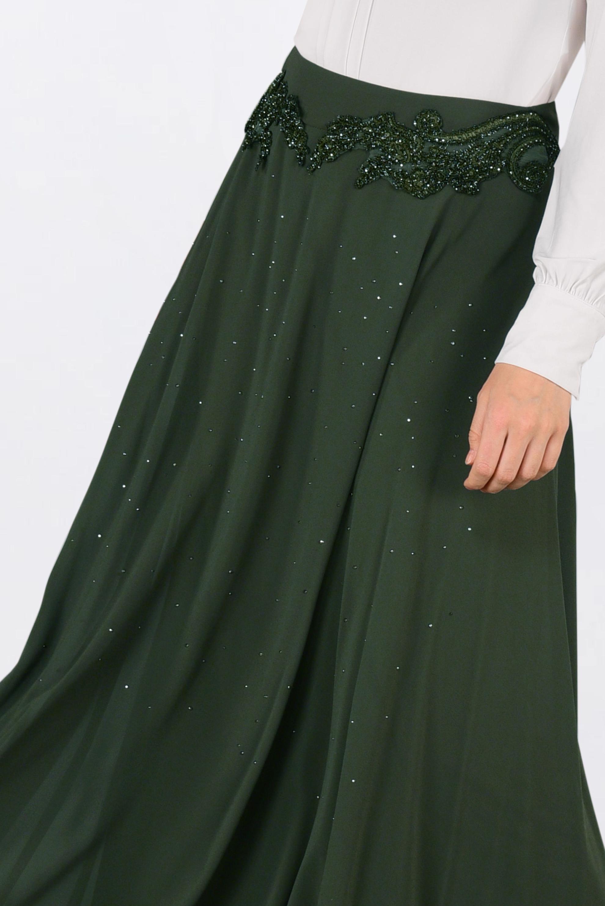 Tesettür giyim HAKİ İŞLEMELİ ŞİFON ETEK 6195