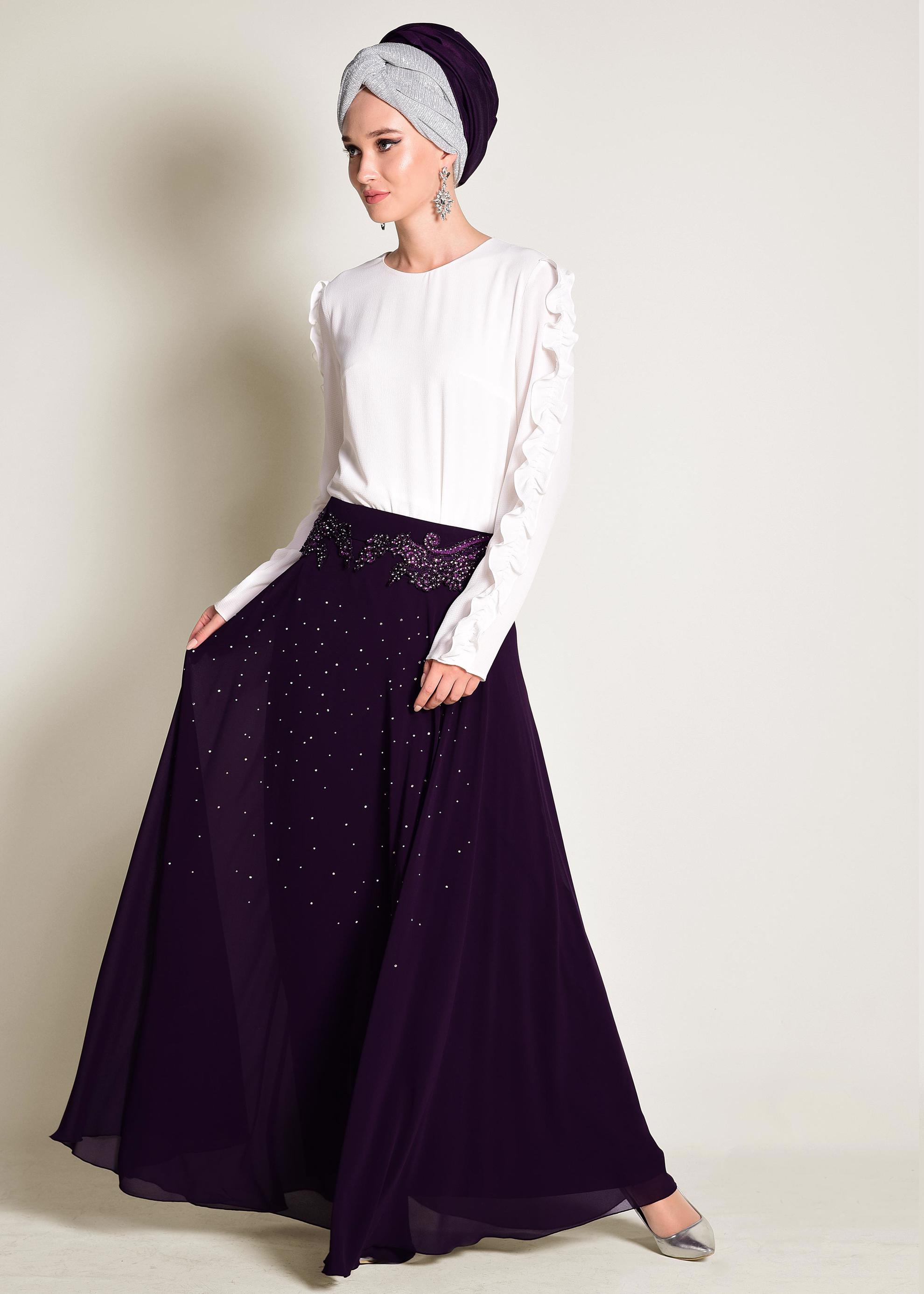 Tesettür giyim MÜRDÜM İŞLEMELİ ŞİFON ETEK 6195