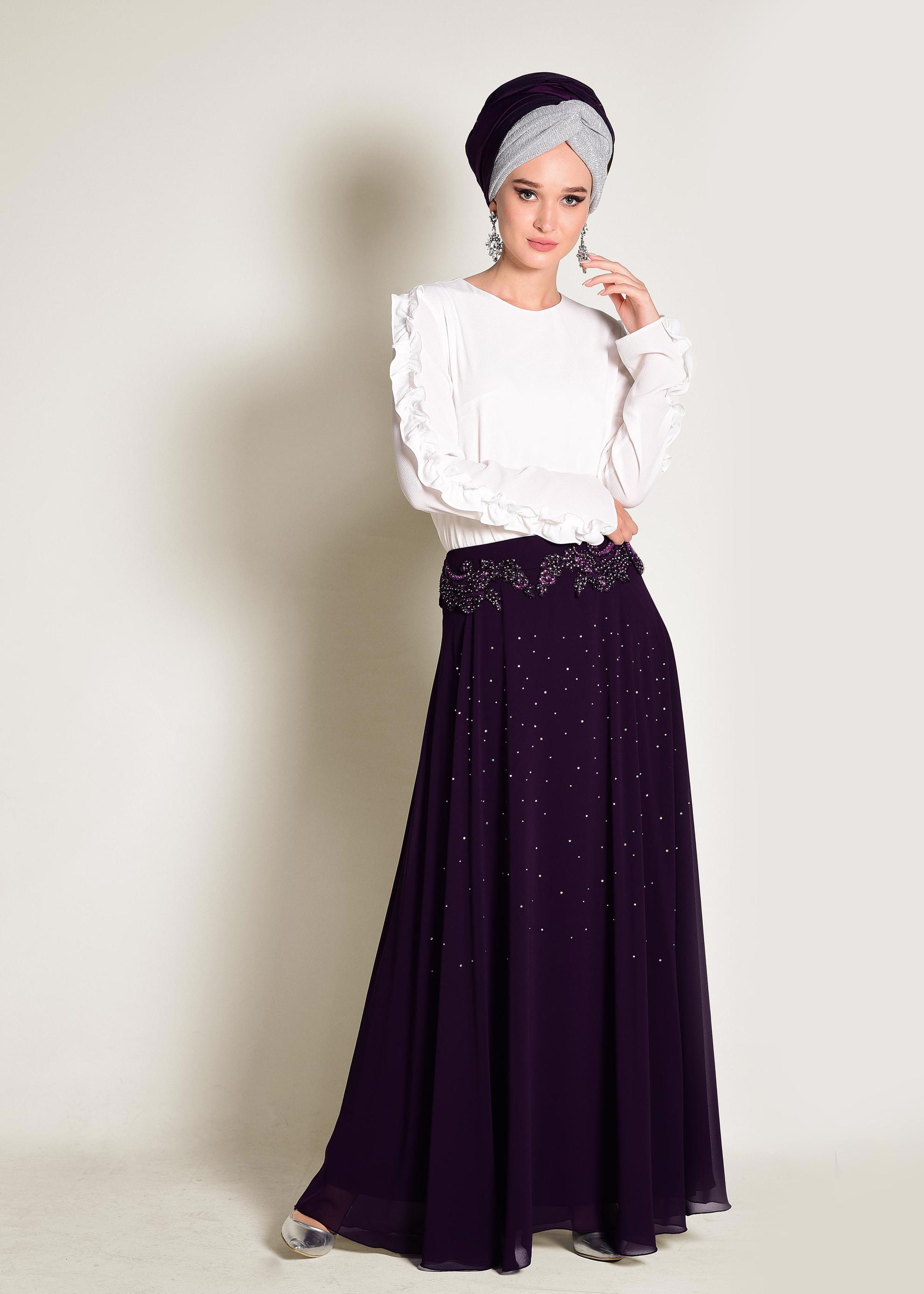 Tesettür giyim MÜRDÜM İŞLEMELİ ŞİFON ETEK 6195