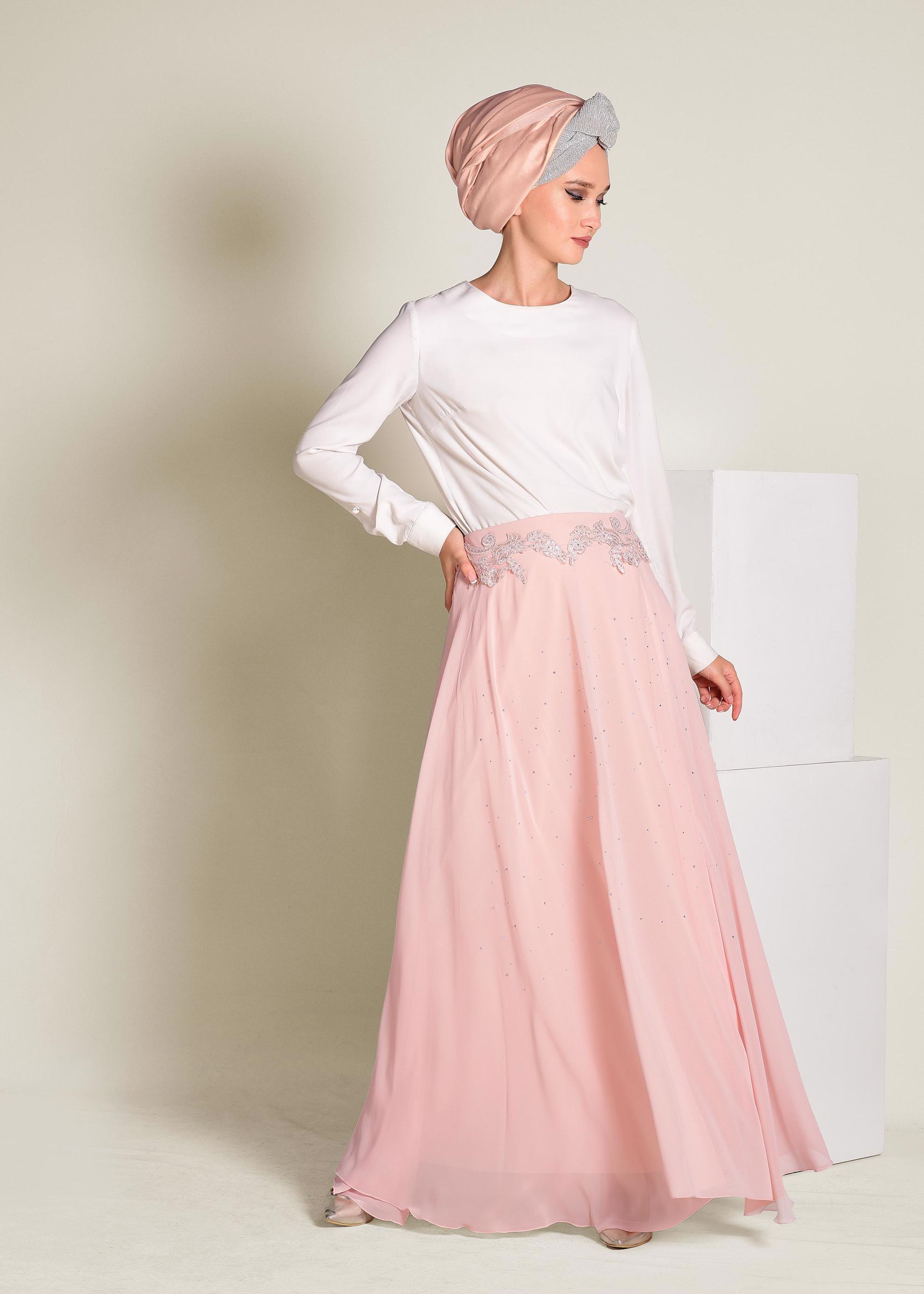 Tesettür giyim PUDRA İŞLEMELİ ŞİFON ETEK 6195
