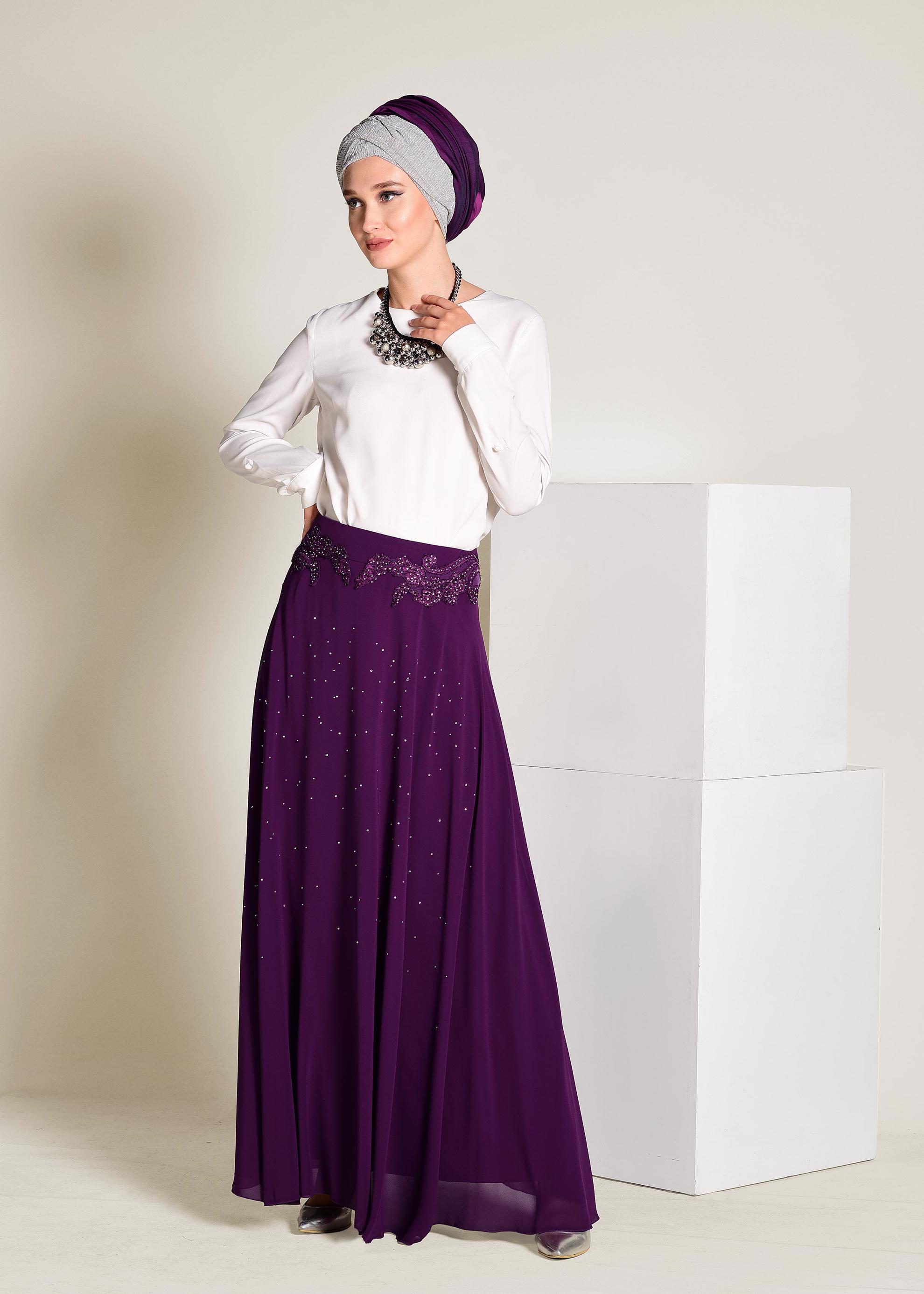 Tesettür giyim MÜRDÜM İŞLEMELİ ŞİFON ETEK 6195