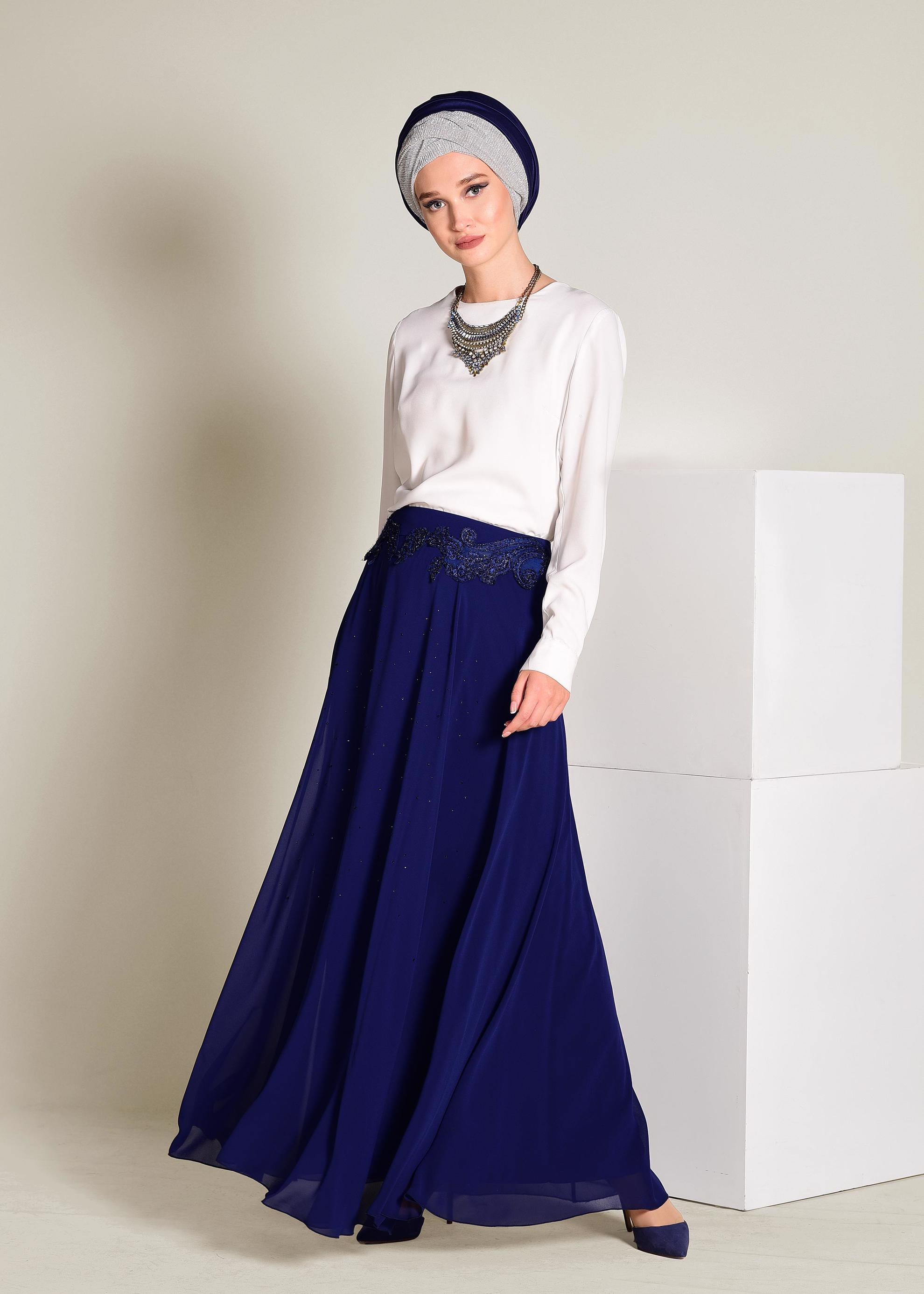 Tesettür giyim LACİVERT İŞLEMELİ ŞİFON ETEK 6195