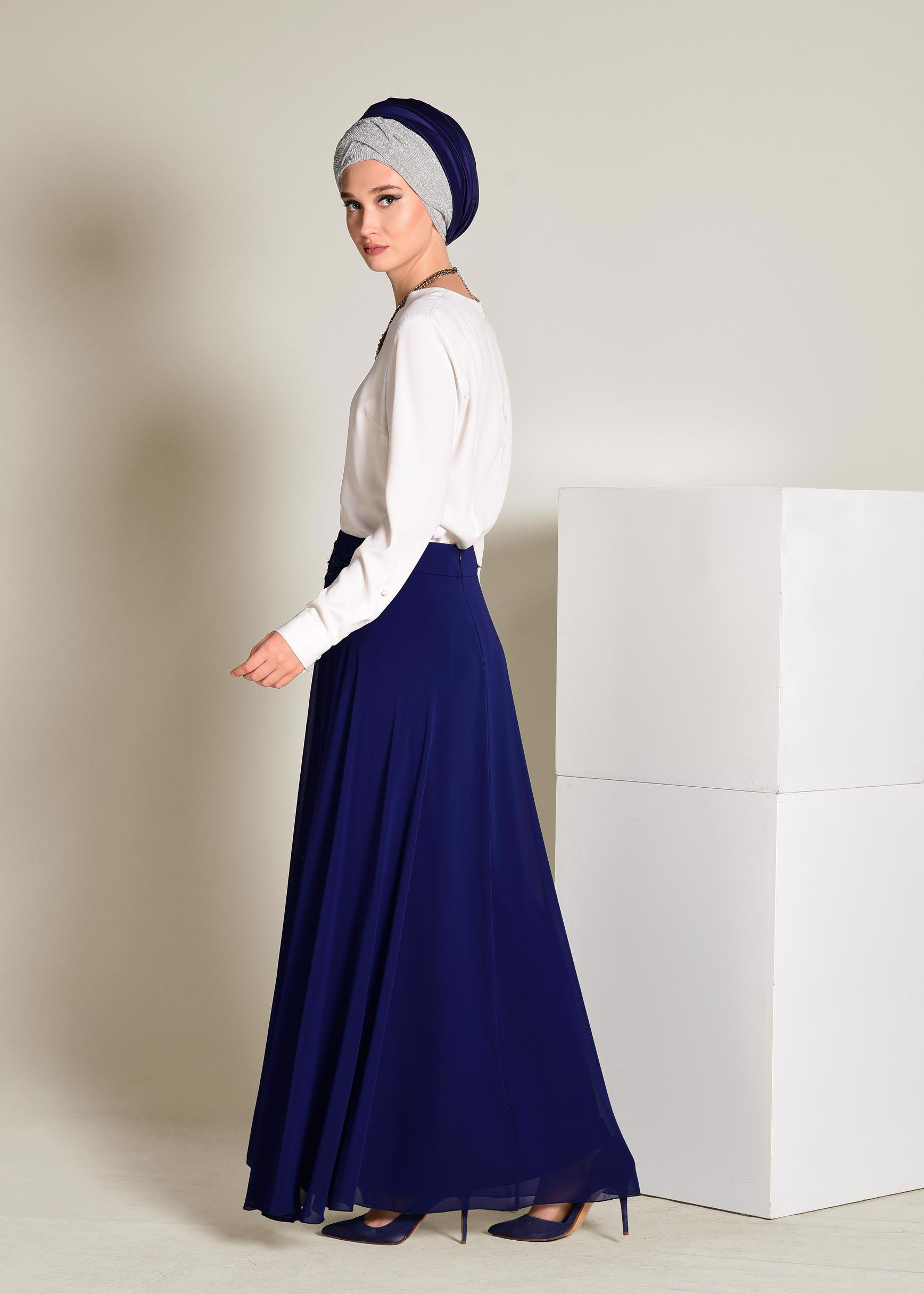 Tesettür giyim LACİVERT İŞLEMELİ ŞİFON ETEK 6195