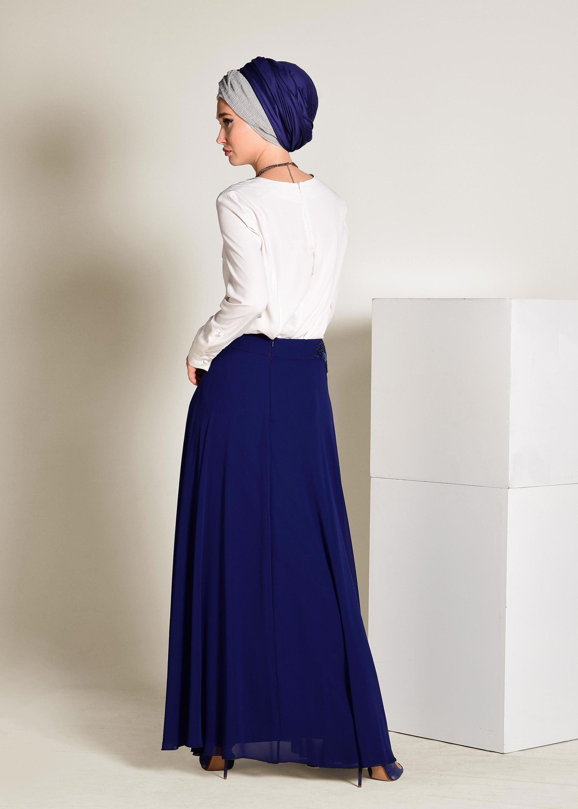 Tesettür giyim LACİVERT İŞLEMELİ ŞİFON ETEK 6195