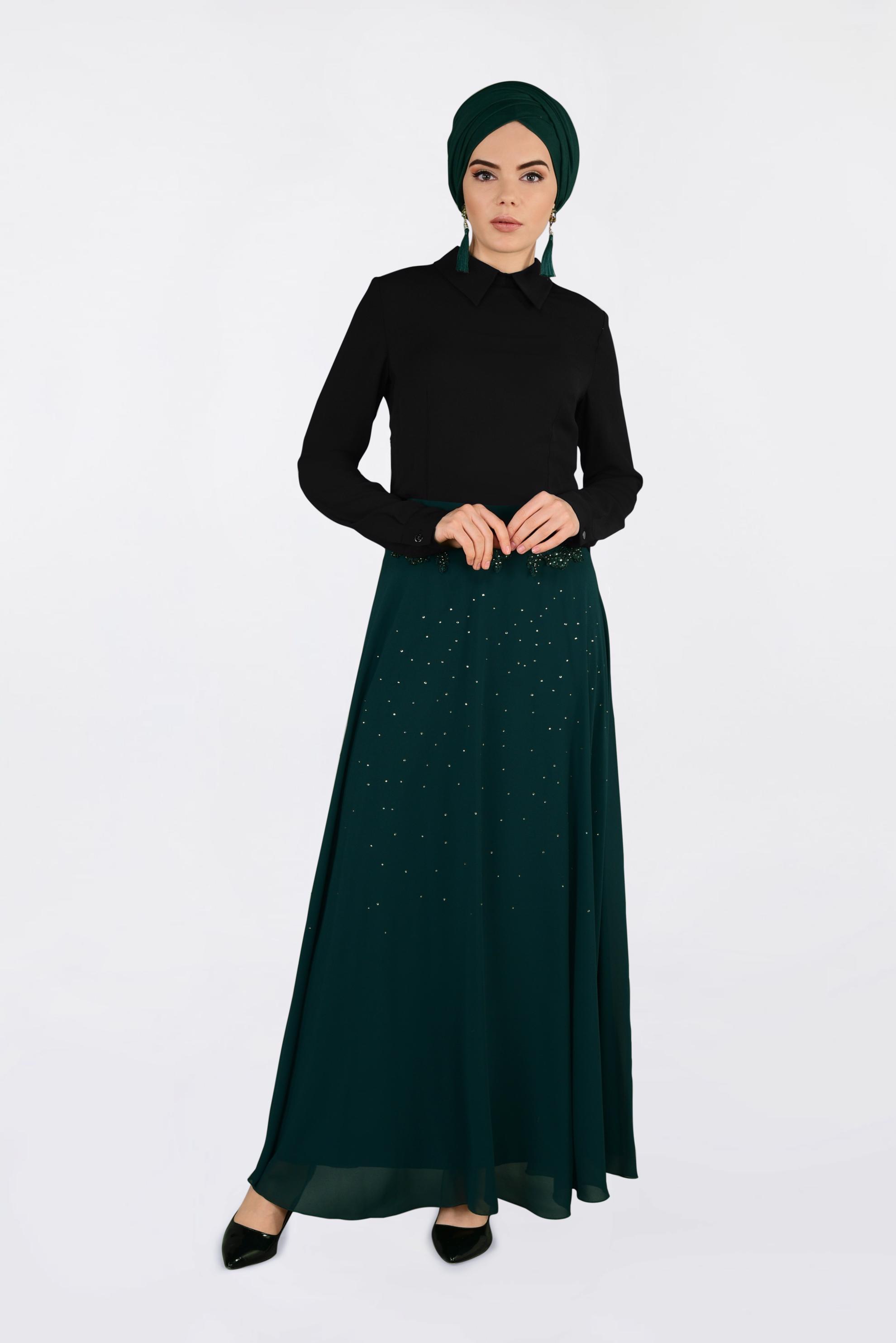 Tesettür giyim YEŞİL İŞLEMELİ ŞİFON ETEK 6195