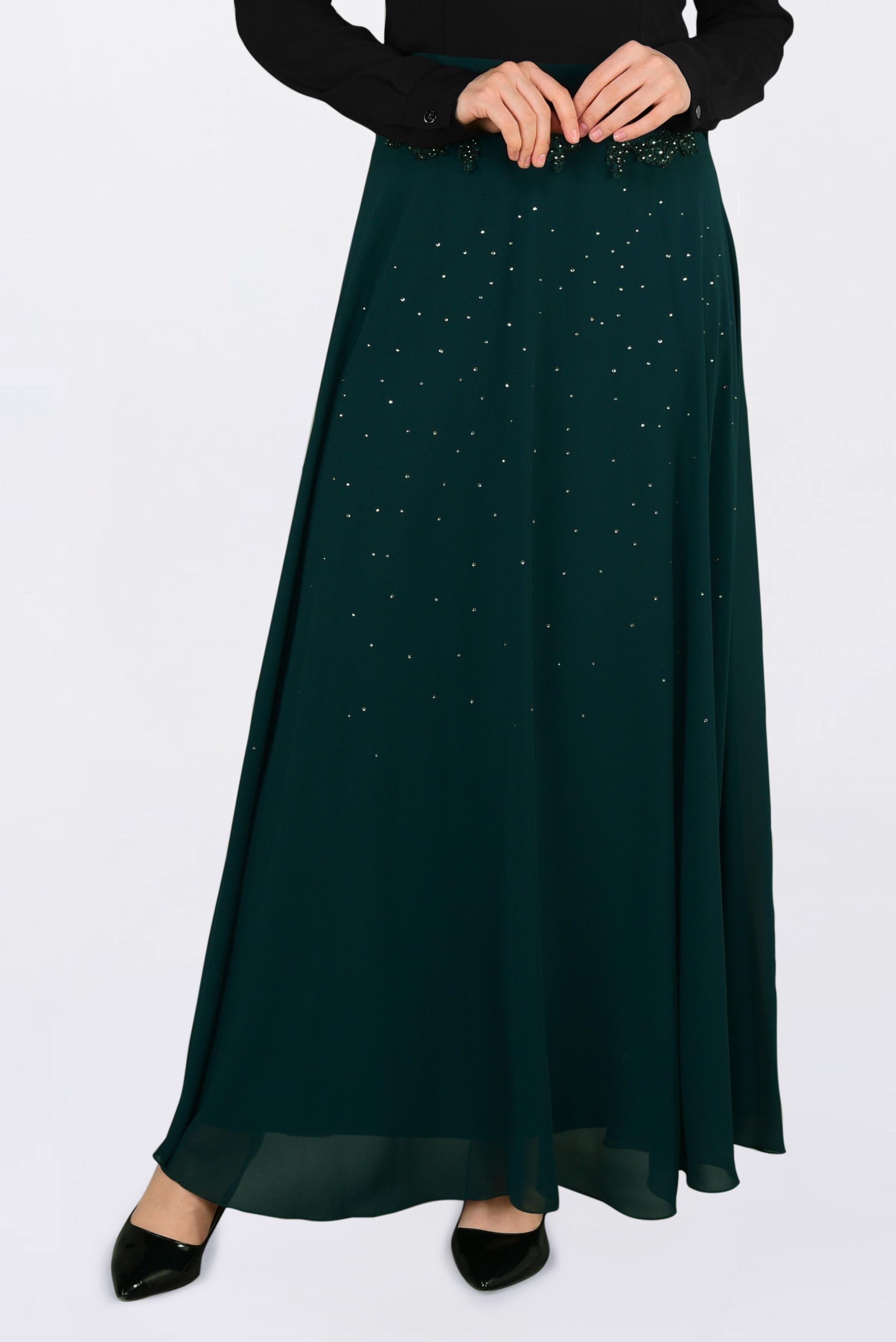Tesettür giyim YEŞİL İŞLEMELİ ŞİFON ETEK 6195