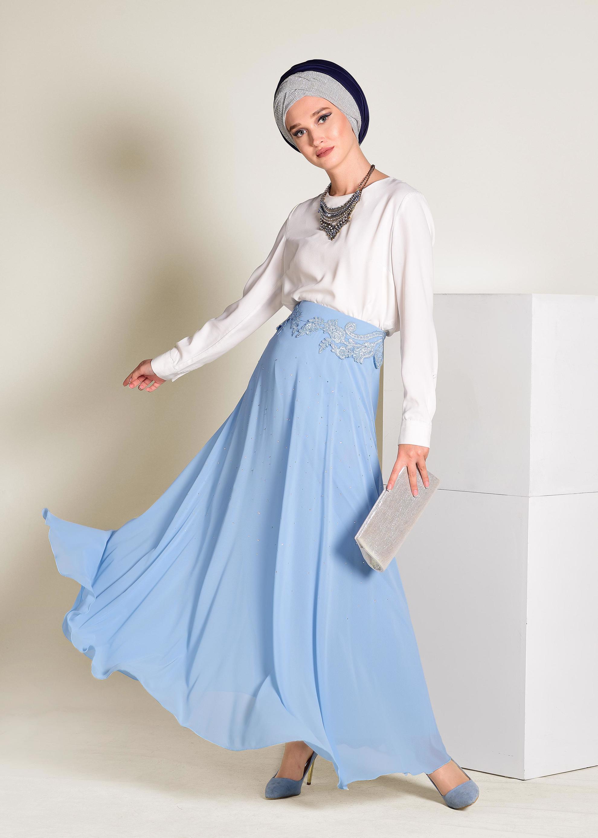 Tesettür giyim MAVİ İŞLEMELİ ŞİFON ETEK 6195