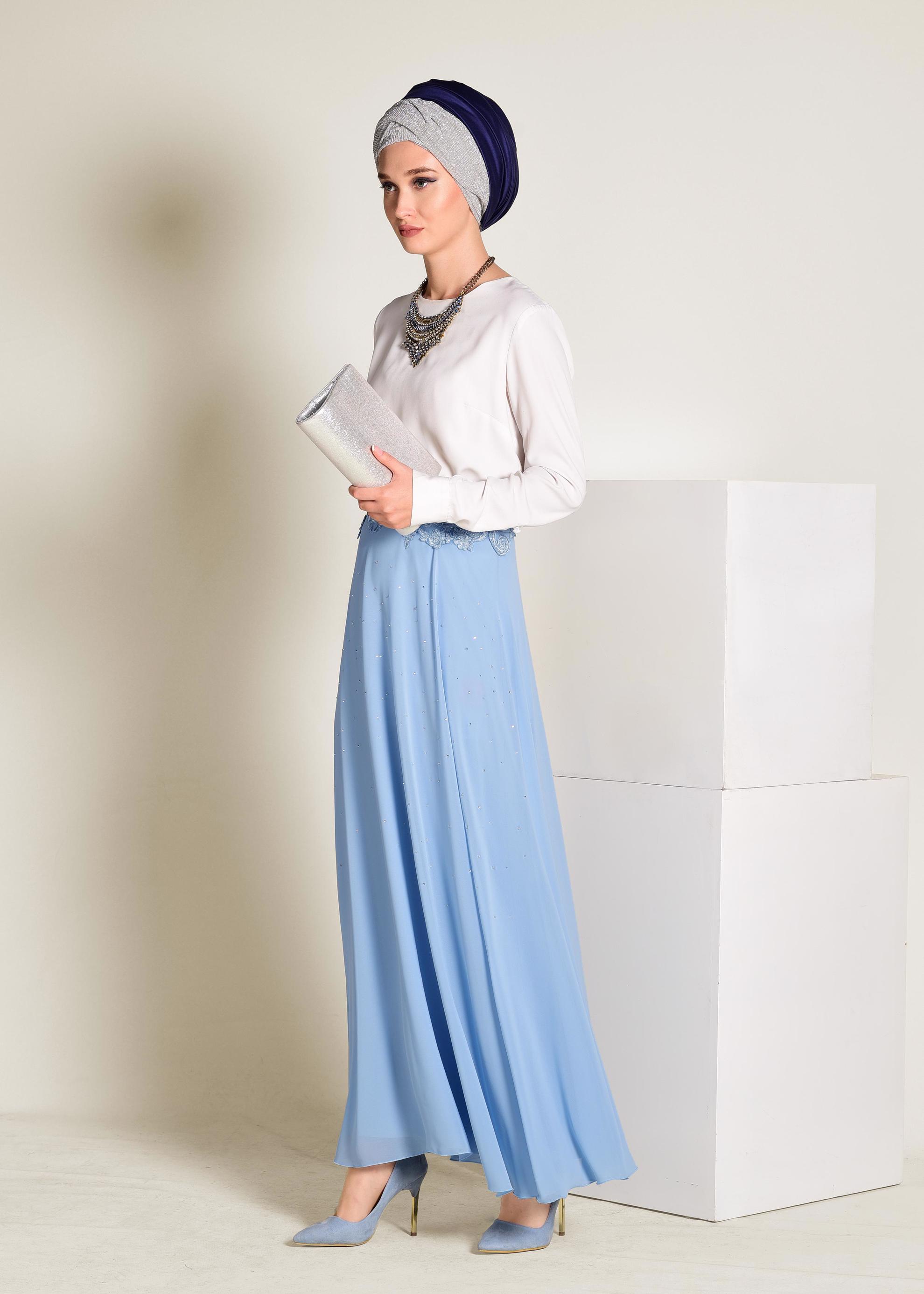 Tesettür giyim MAVİ İŞLEMELİ ŞİFON ETEK 6195