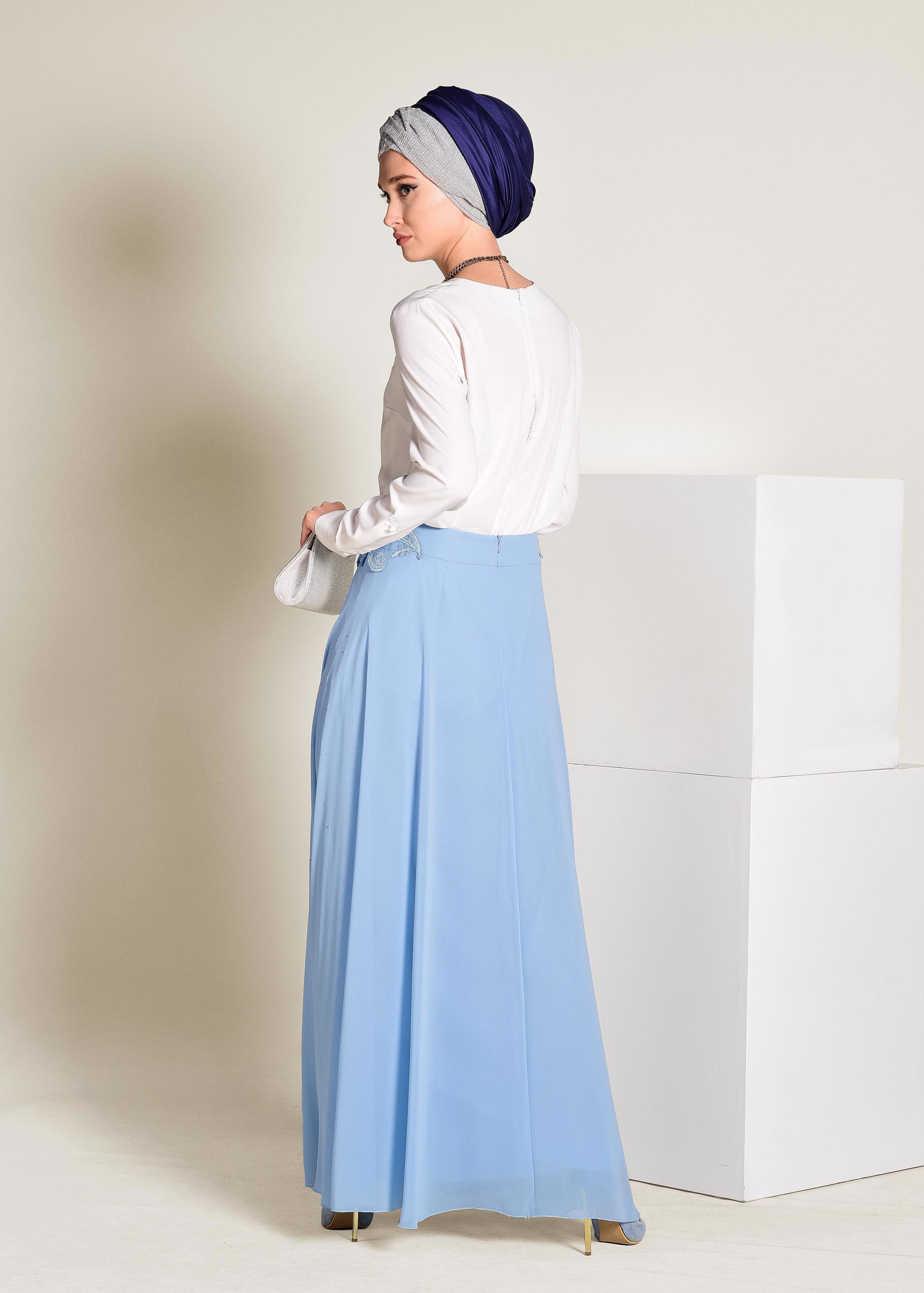 Tesettür giyim MAVİ İŞLEMELİ ŞİFON ETEK 6195