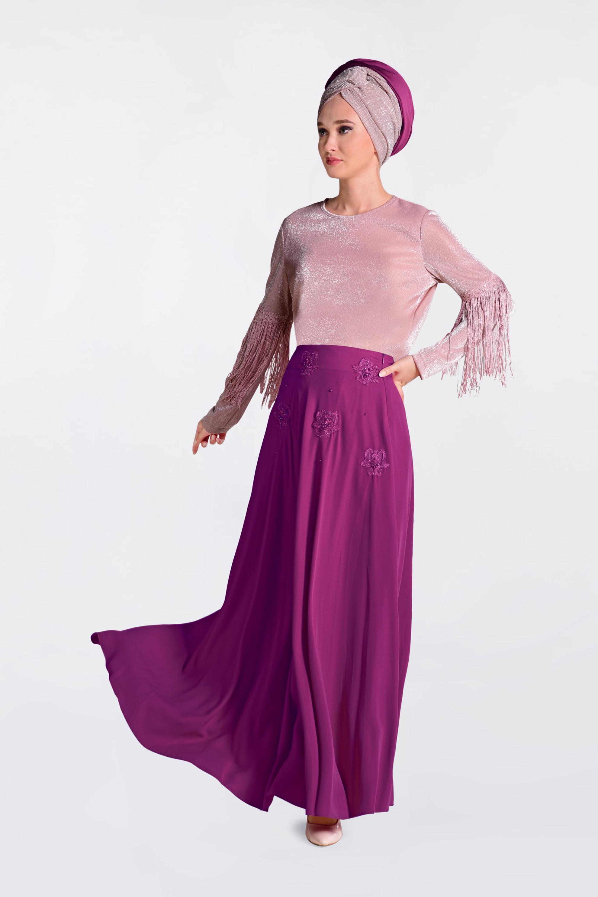 Tesettür giyim FUŞYA ÇİÇEK DETAYLI ETEK 6196