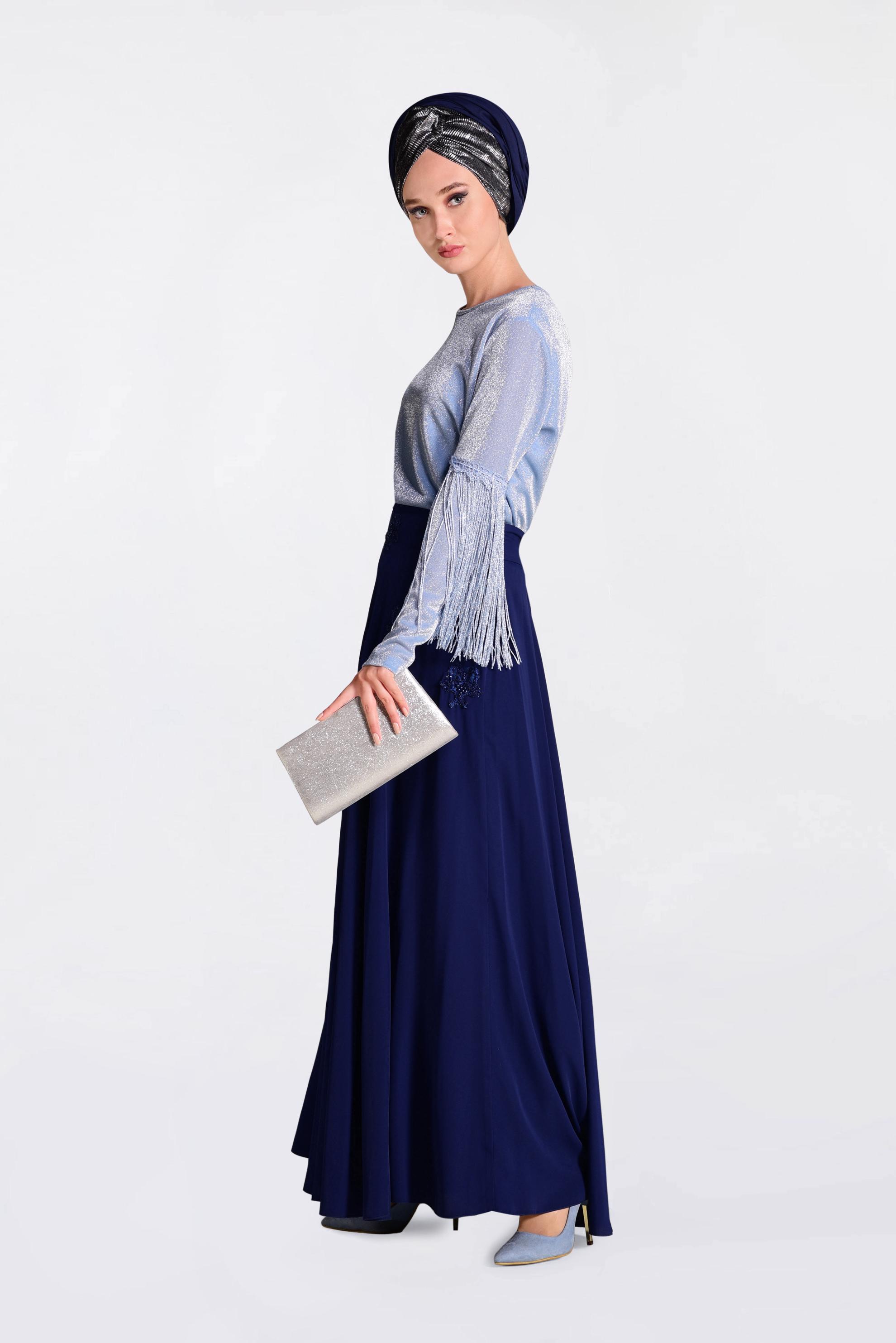 Tesettür giyim LACİVERT ÇİÇEK DETAYLI ETEK 6196