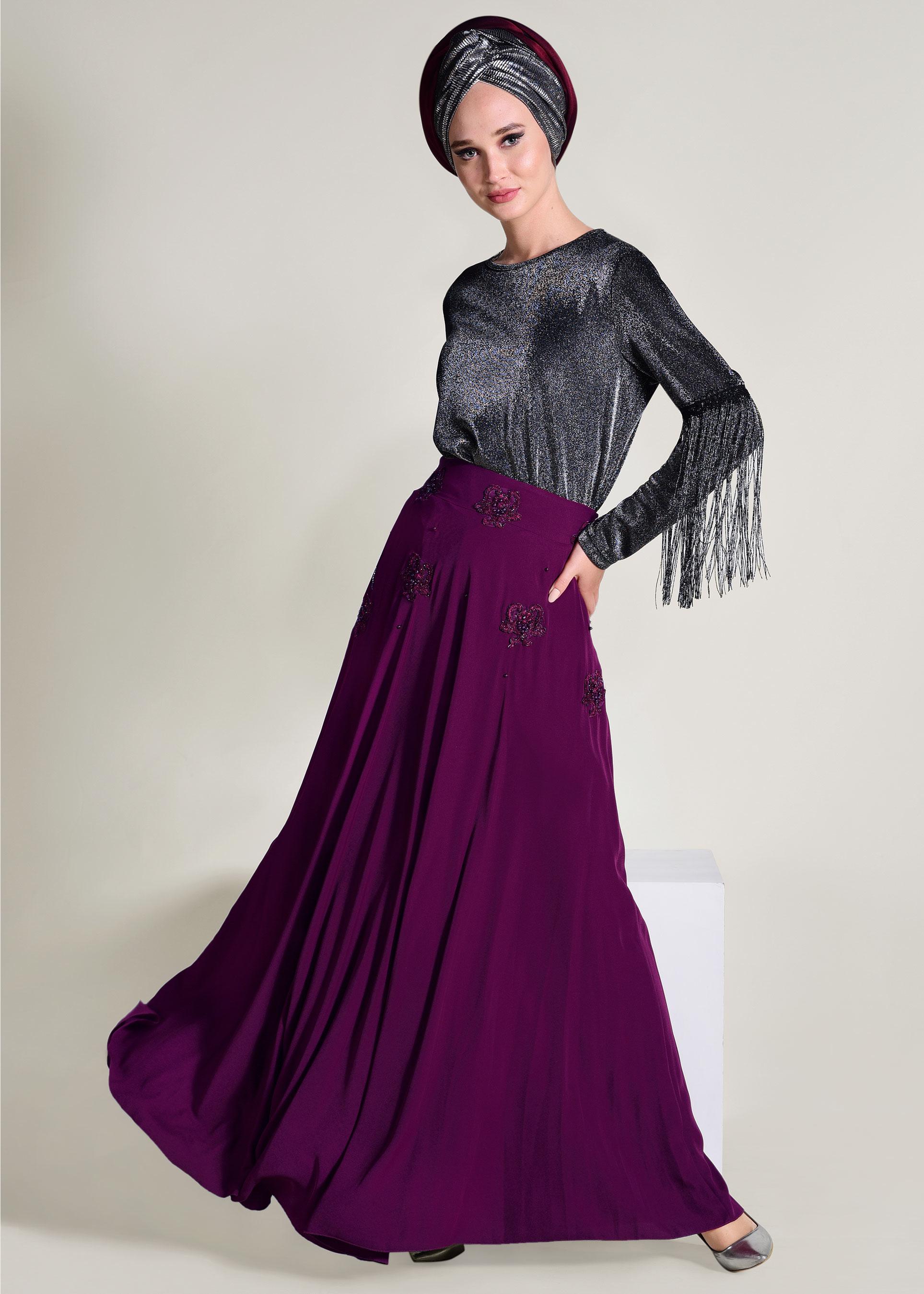 Tesettür giyim MÜRDÜM ÇİÇEK DETAYLI ETEK 6196