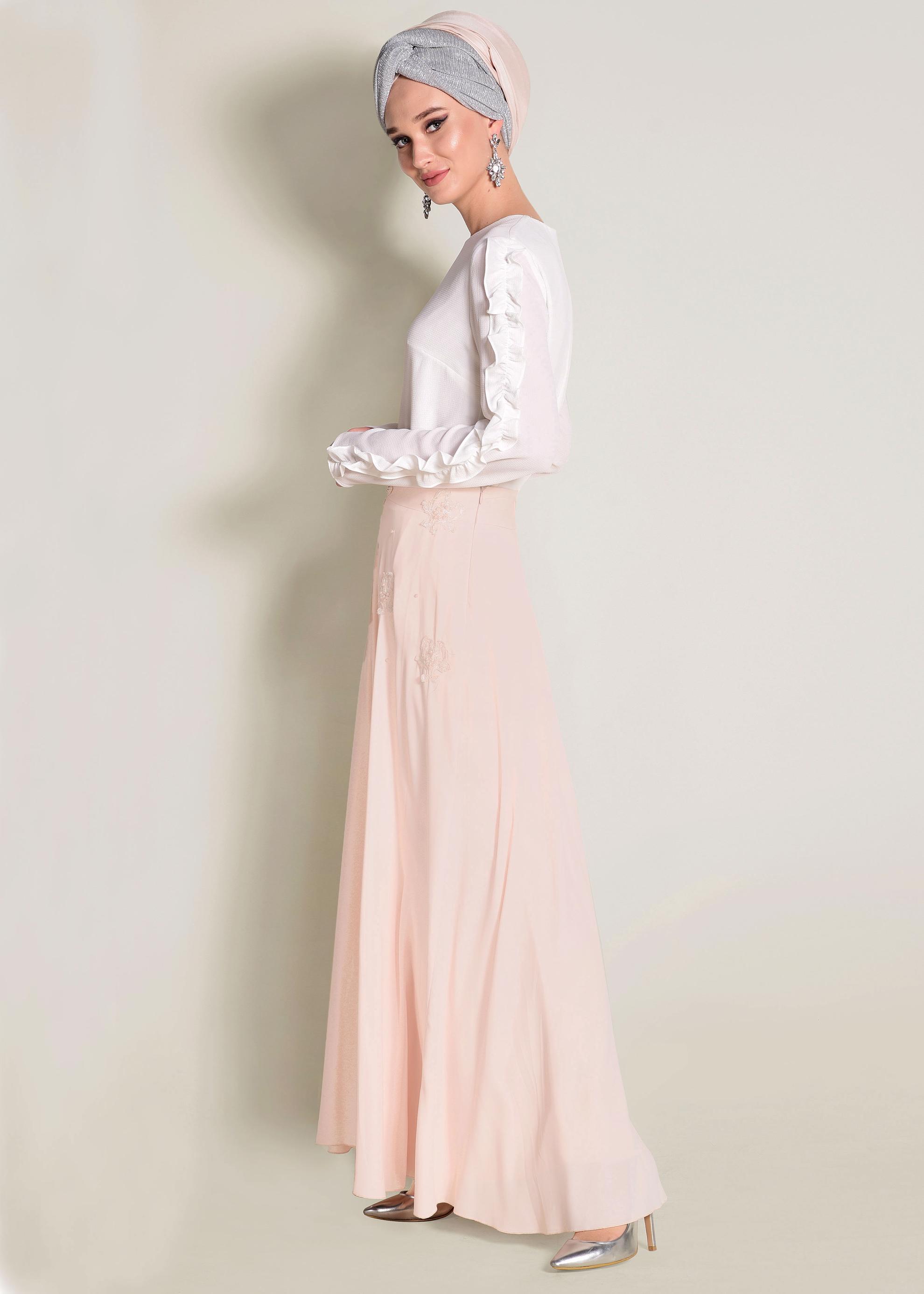 Tesettür giyim PEMBE ÇİÇEK DETAYLI ETEK 6196