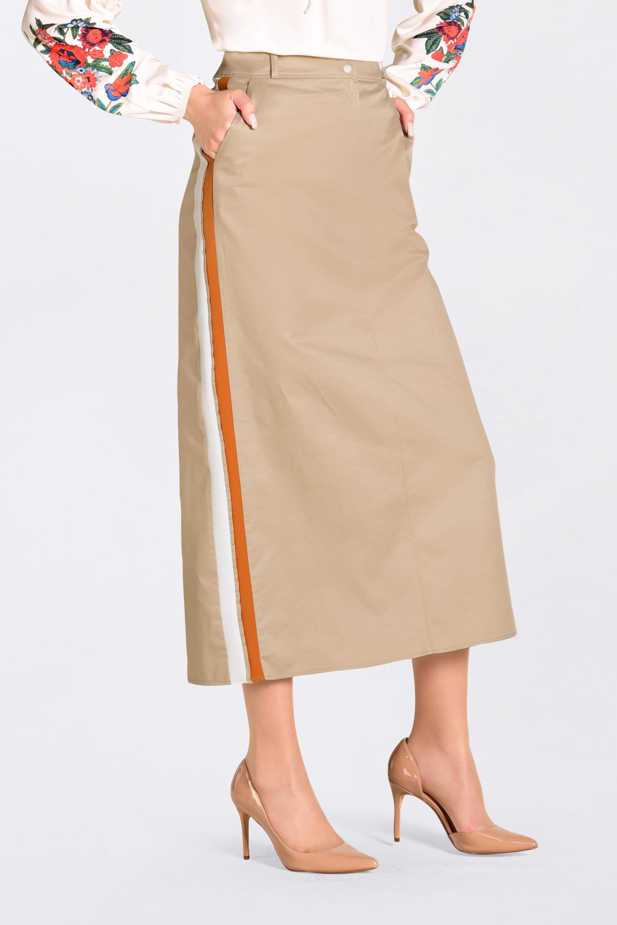 Tesettür giyim BEJ YANLARI ŞERİTLİ ETEK 6200