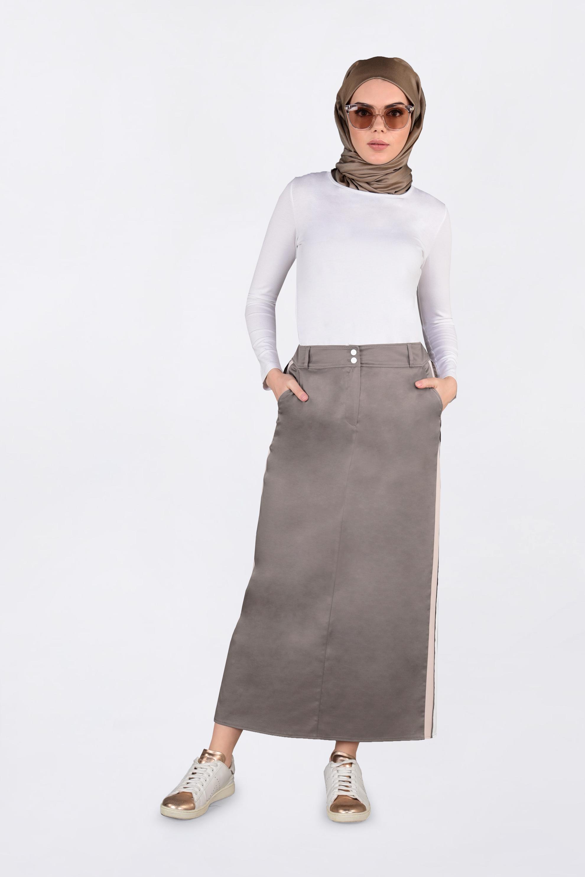 Tesettür giyim VİZON YANLARI ŞERİTLİ ETEK 6200