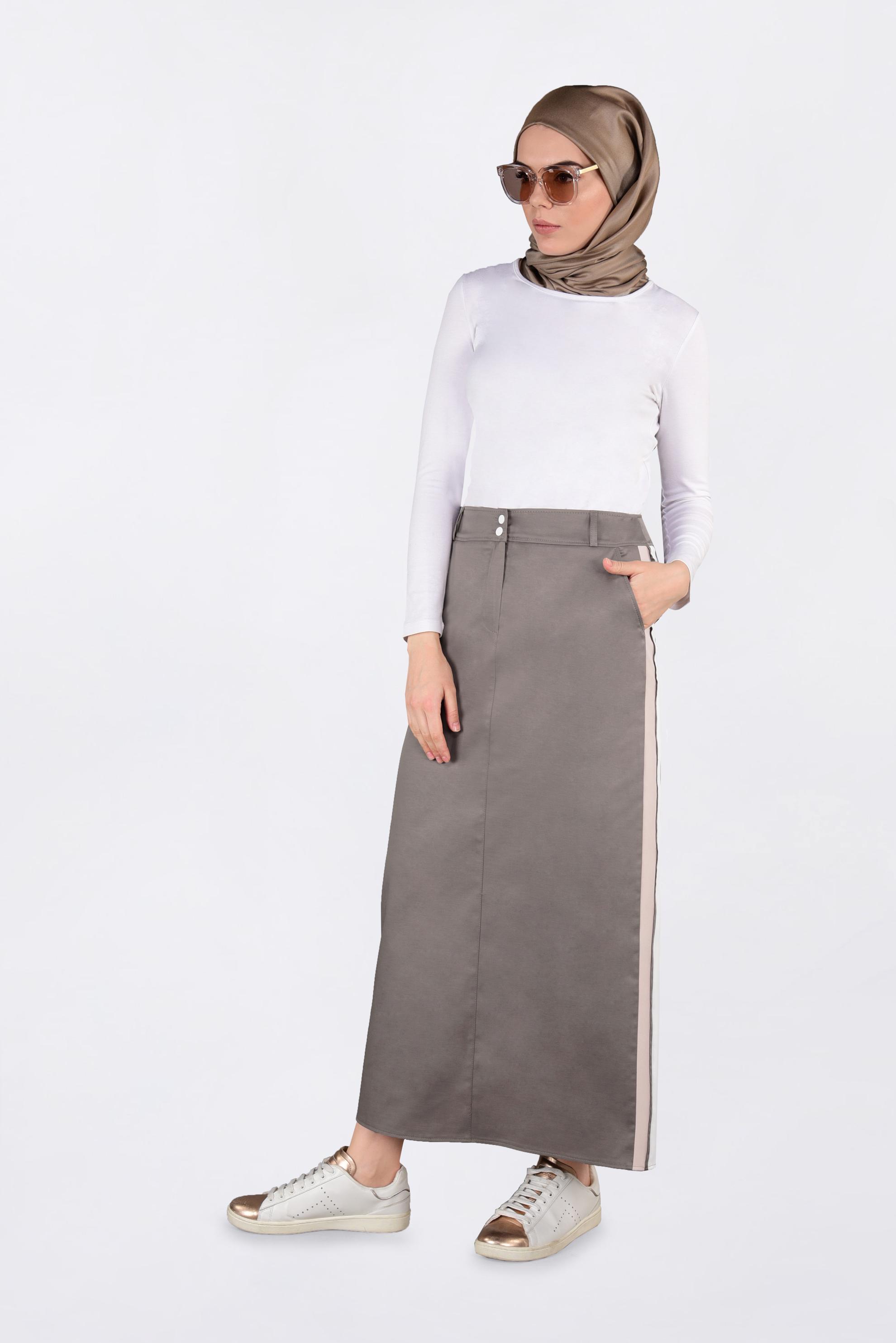 Tesettür giyim VİZON YANLARI ŞERİTLİ ETEK 6200