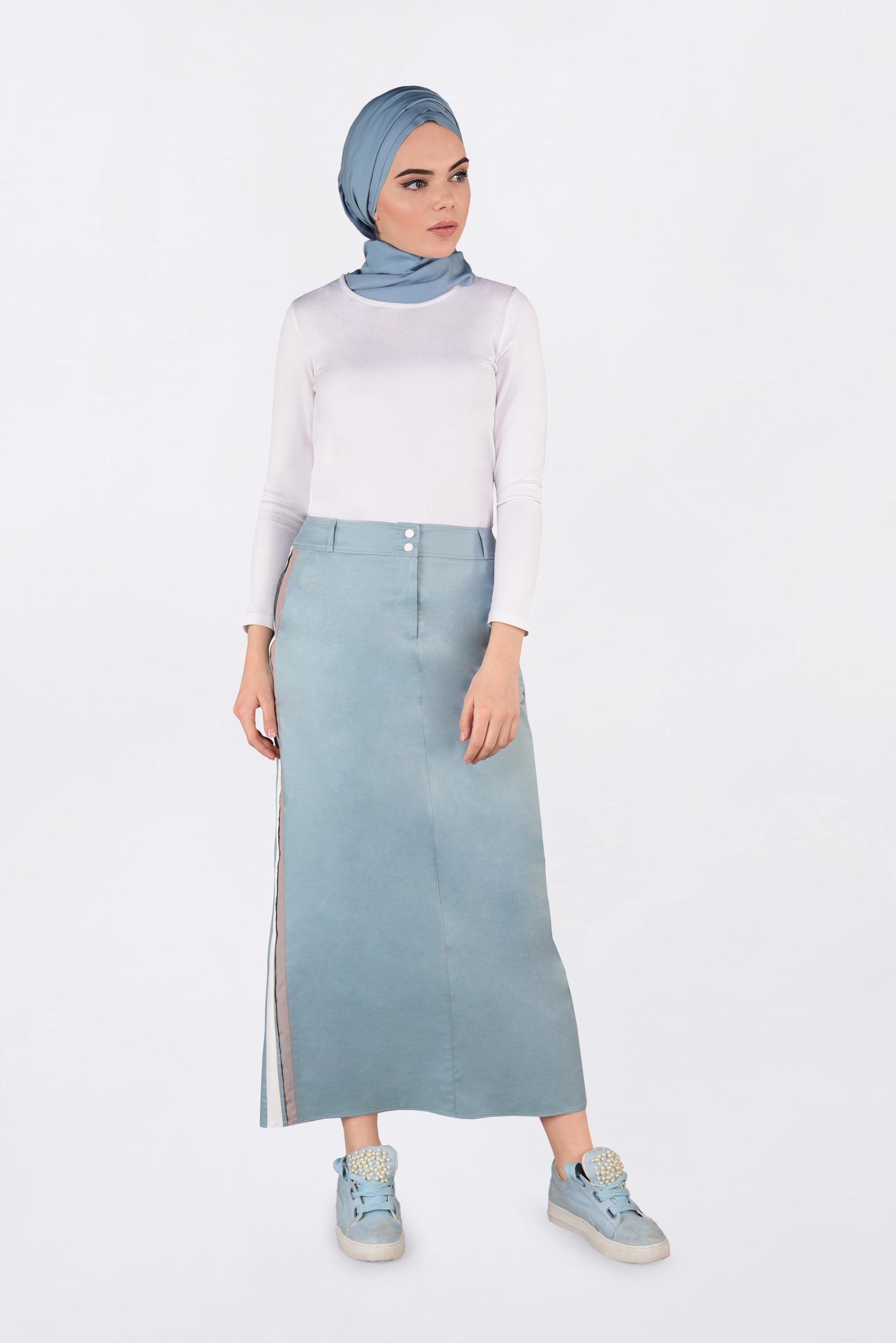 Tesettür giyim MAVİ YANLARI ŞERİTLİ ETEK 6200