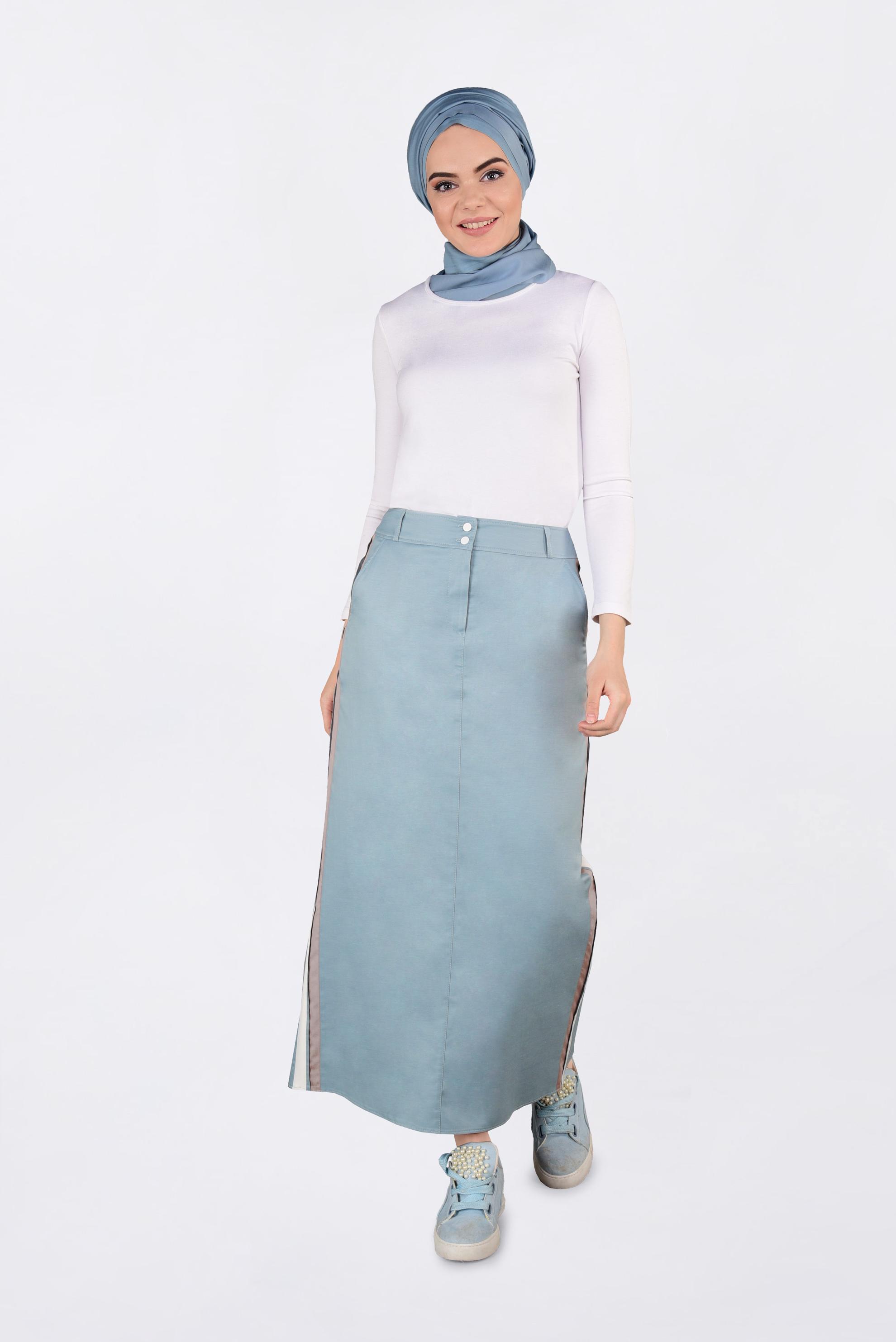 Tesettür giyim MAVİ YANLARI ŞERİTLİ ETEK 6200