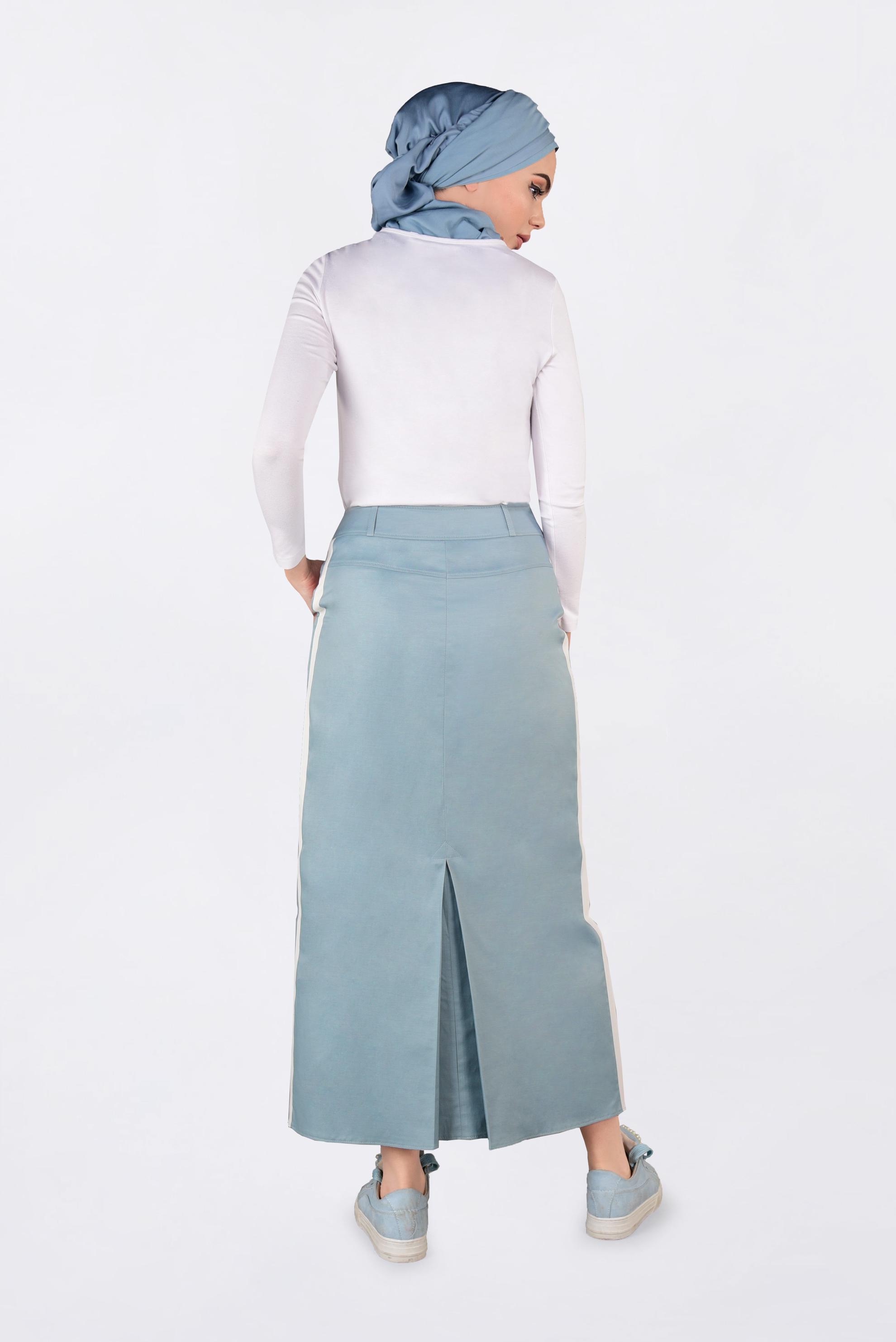 Tesettür giyim MAVİ YANLARI ŞERİTLİ ETEK 6200