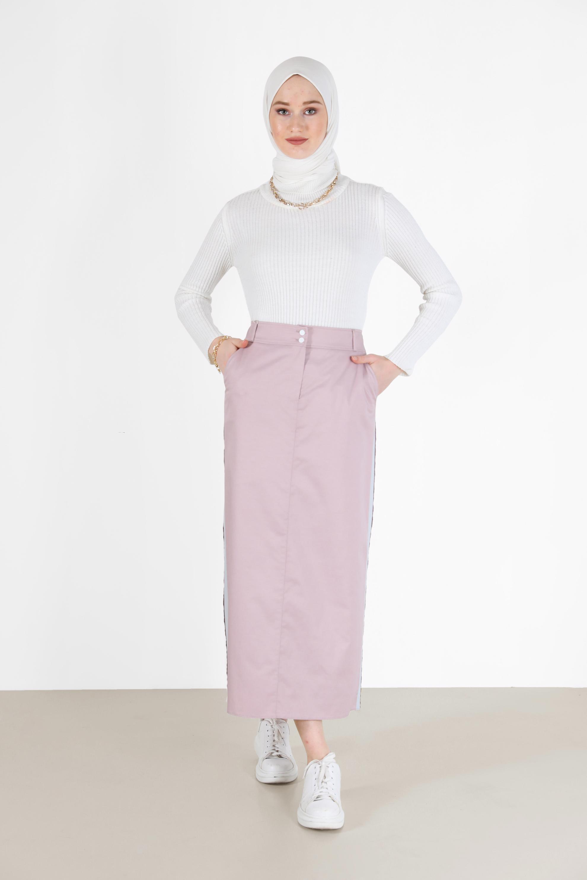 Tesettür giyim PUDRA YANLARI ŞERİTLİ ETEK 6200