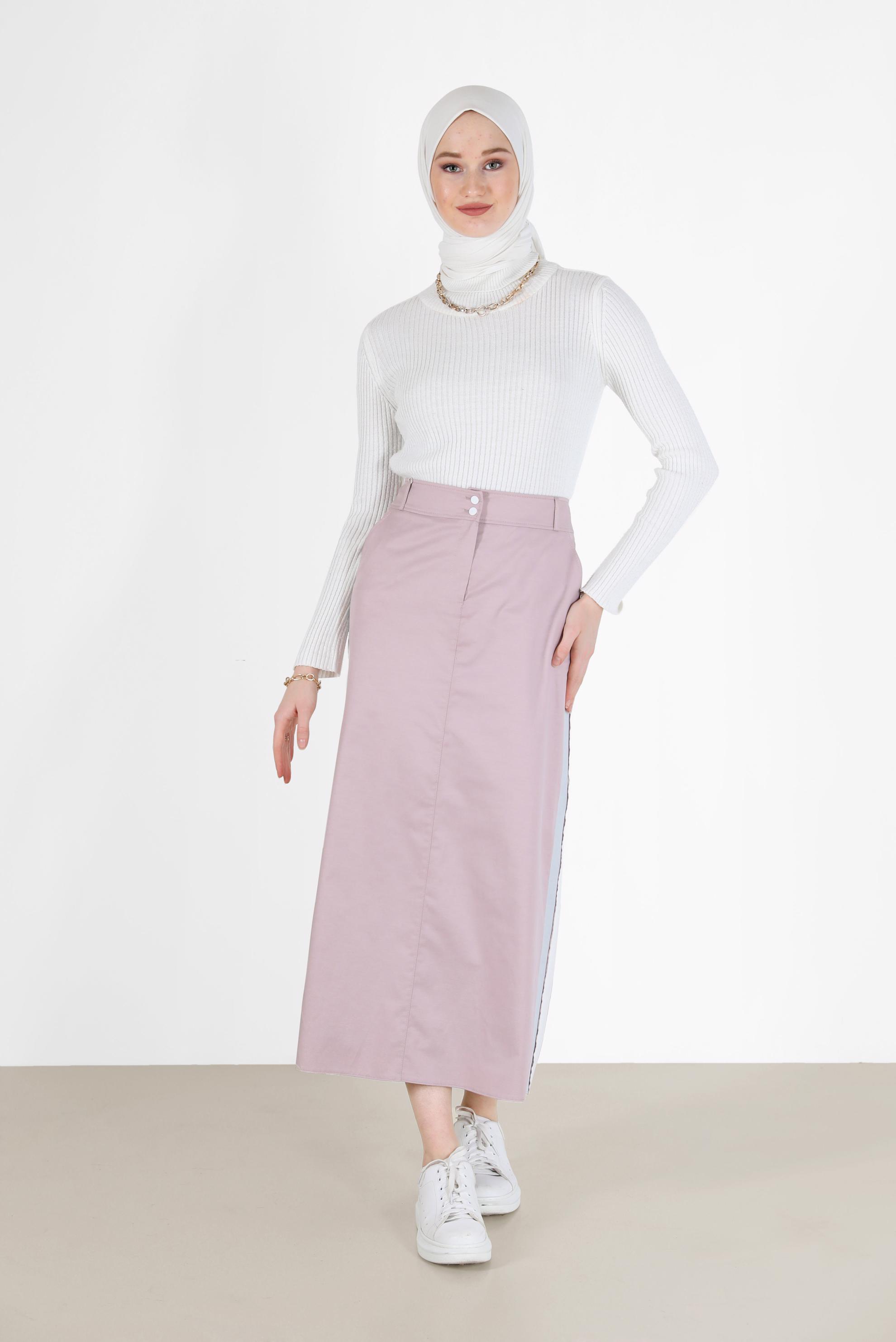 Tesettür giyim PUDRA YANLARI ŞERİTLİ ETEK 6200