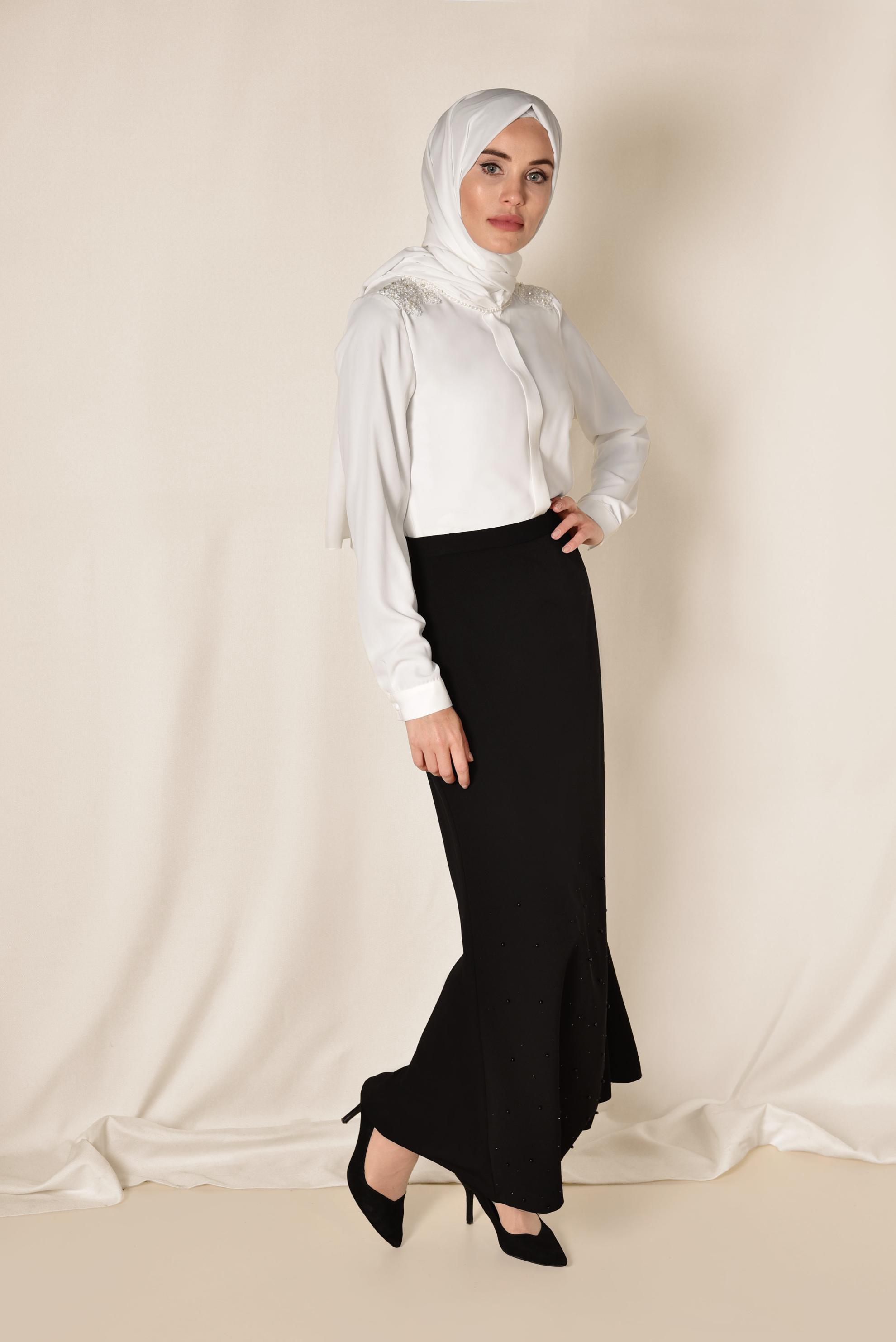 Tesettür giyim SİYAH ETEK UCU ASİMETRİK YÜKSEK BEL ETEK 6203