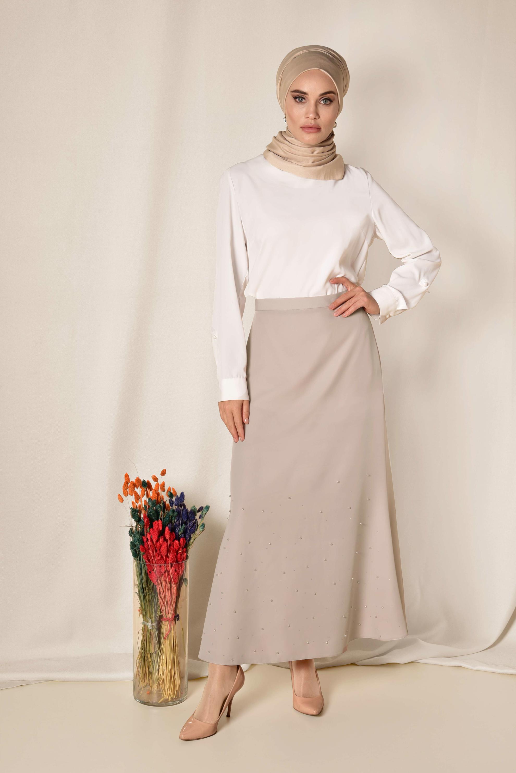 Tesettür giyim BEJ ETEK UCU ASİMETRİK YÜKSEK BEL ETEK 6203