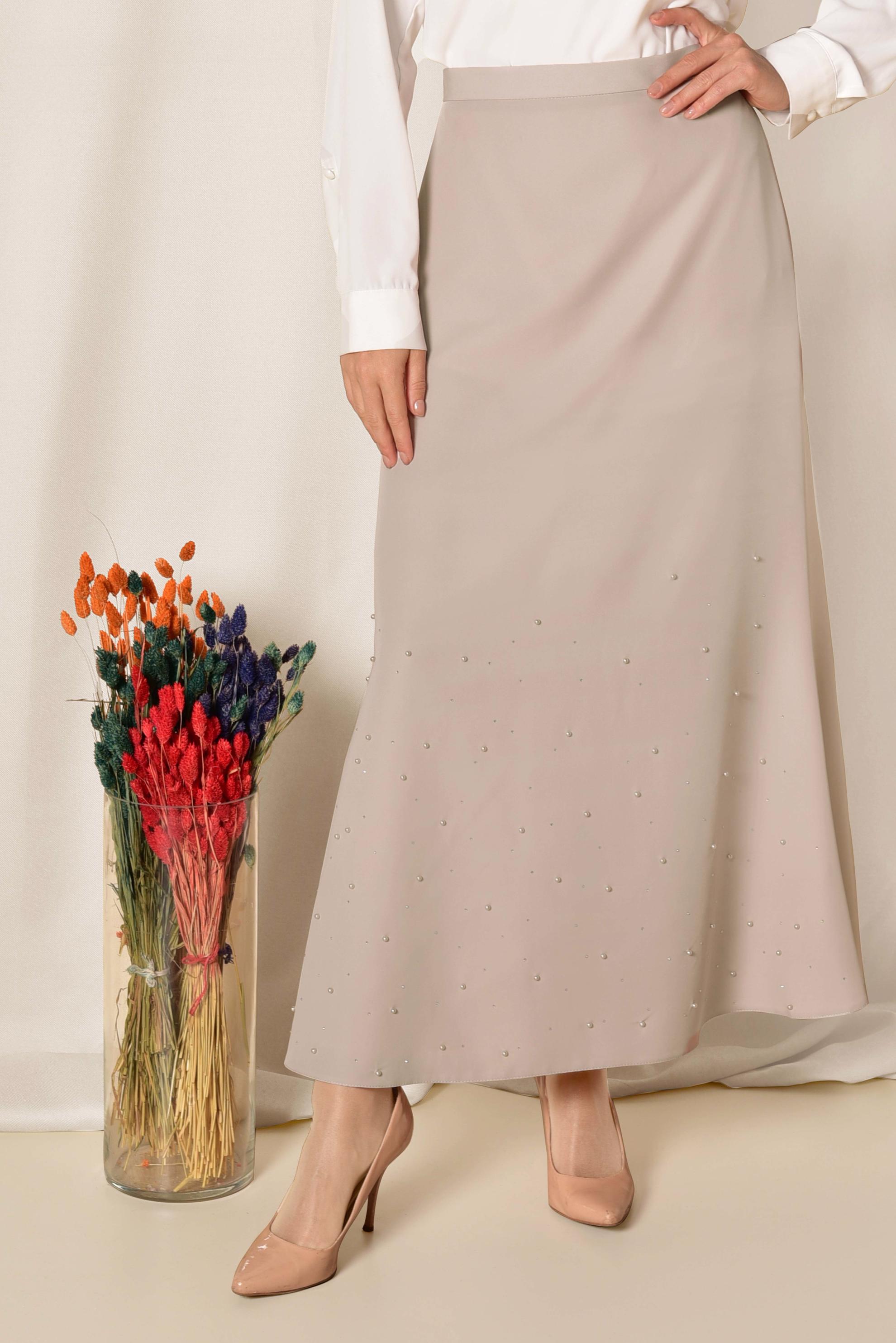 Tesettür giyim BEJ ETEK UCU ASİMETRİK YÜKSEK BEL ETEK 6203