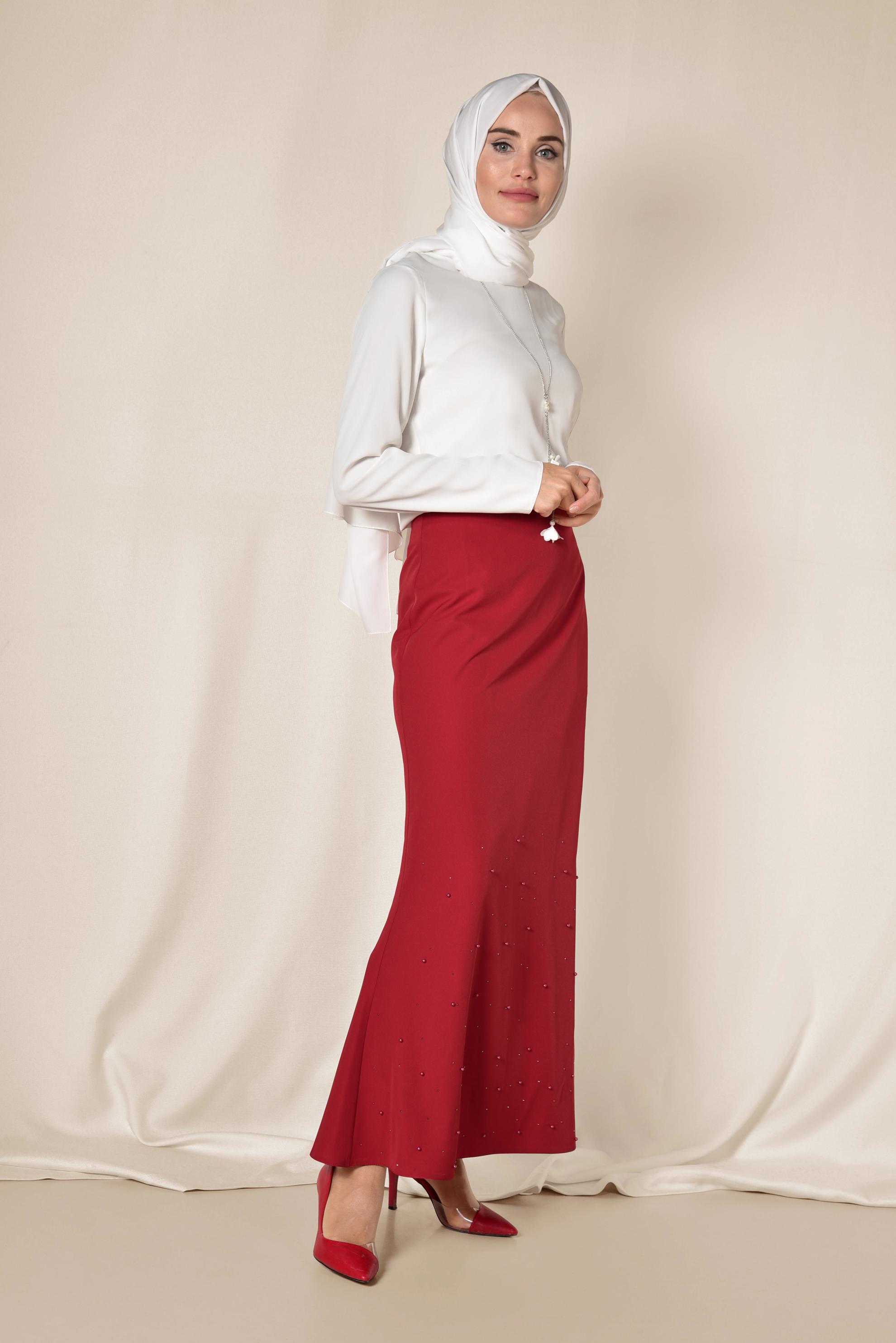 Tesettür giyim KIRMIZI ETEK UCU ASİMETRİK YÜKSEK BEL ETEK 6203