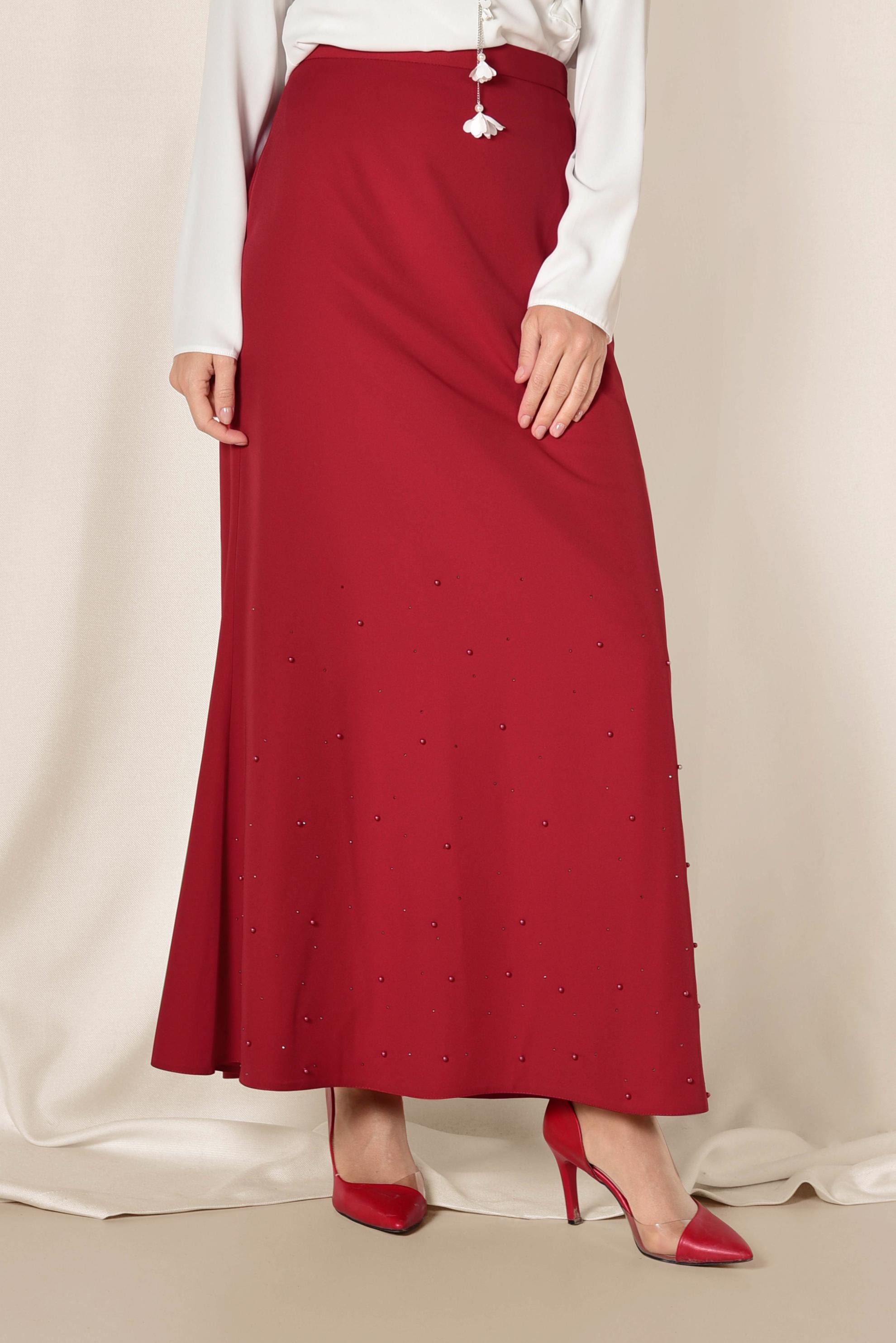 Tesettür giyim KIRMIZI ETEK UCU ASİMETRİK YÜKSEK BEL ETEK 6203