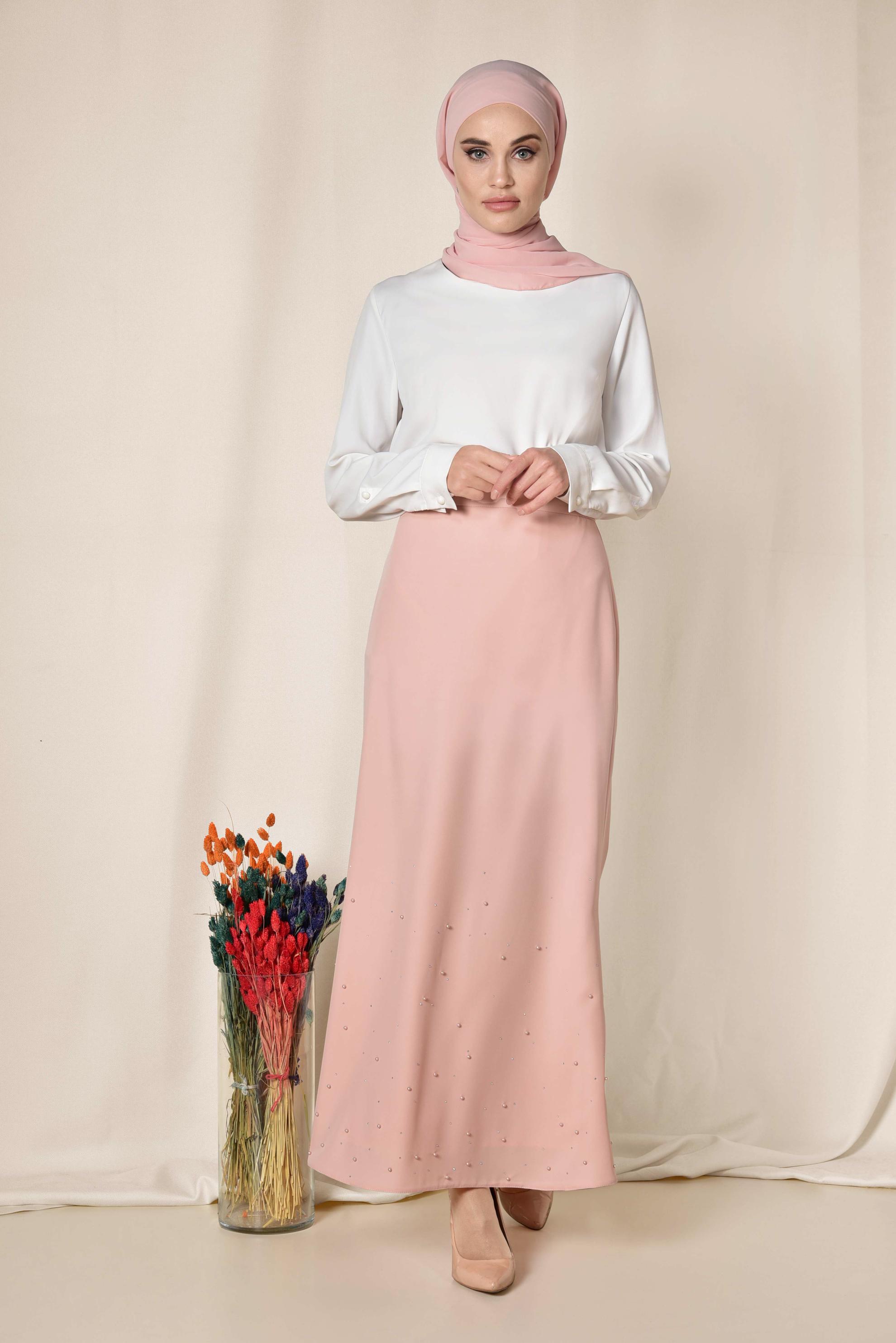 Tesettür giyim PUDRA ETEK UCU ASİMETRİK YÜKSEK BEL ETEK 6203