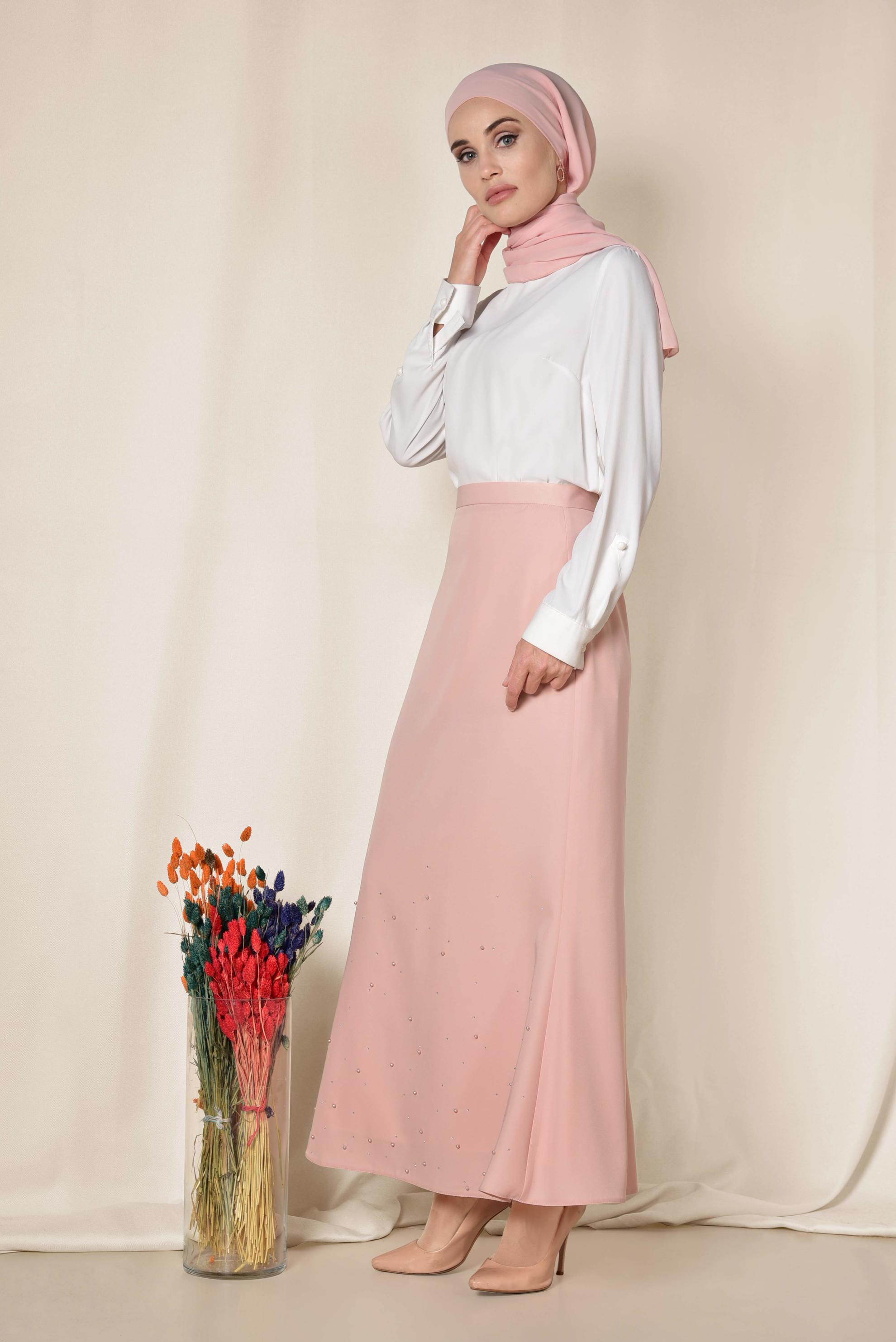 Tesettür giyim PUDRA ETEK UCU ASİMETRİK YÜKSEK BEL ETEK 6203