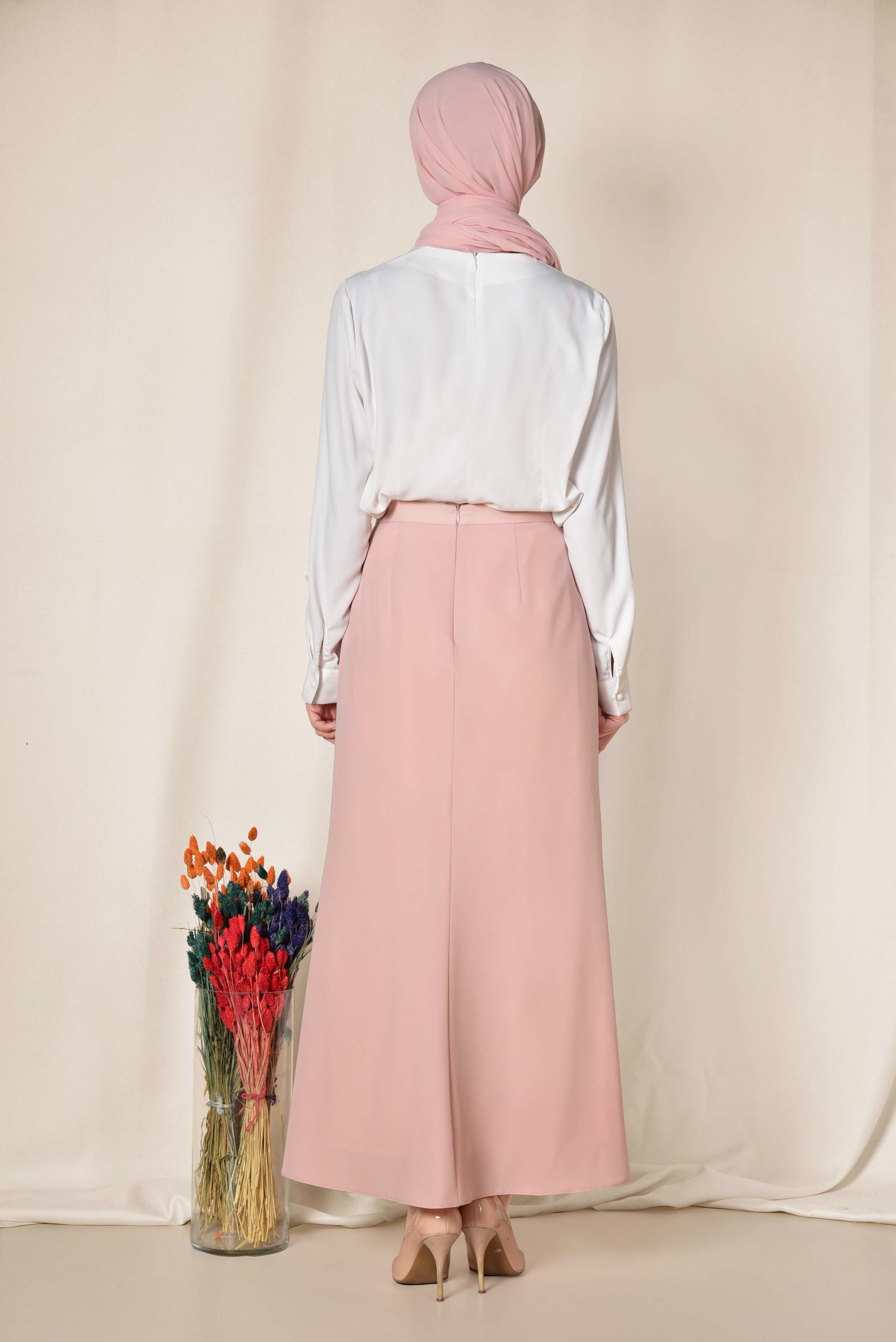 Tesettür giyim PUDRA ETEK UCU ASİMETRİK YÜKSEK BEL ETEK 6203