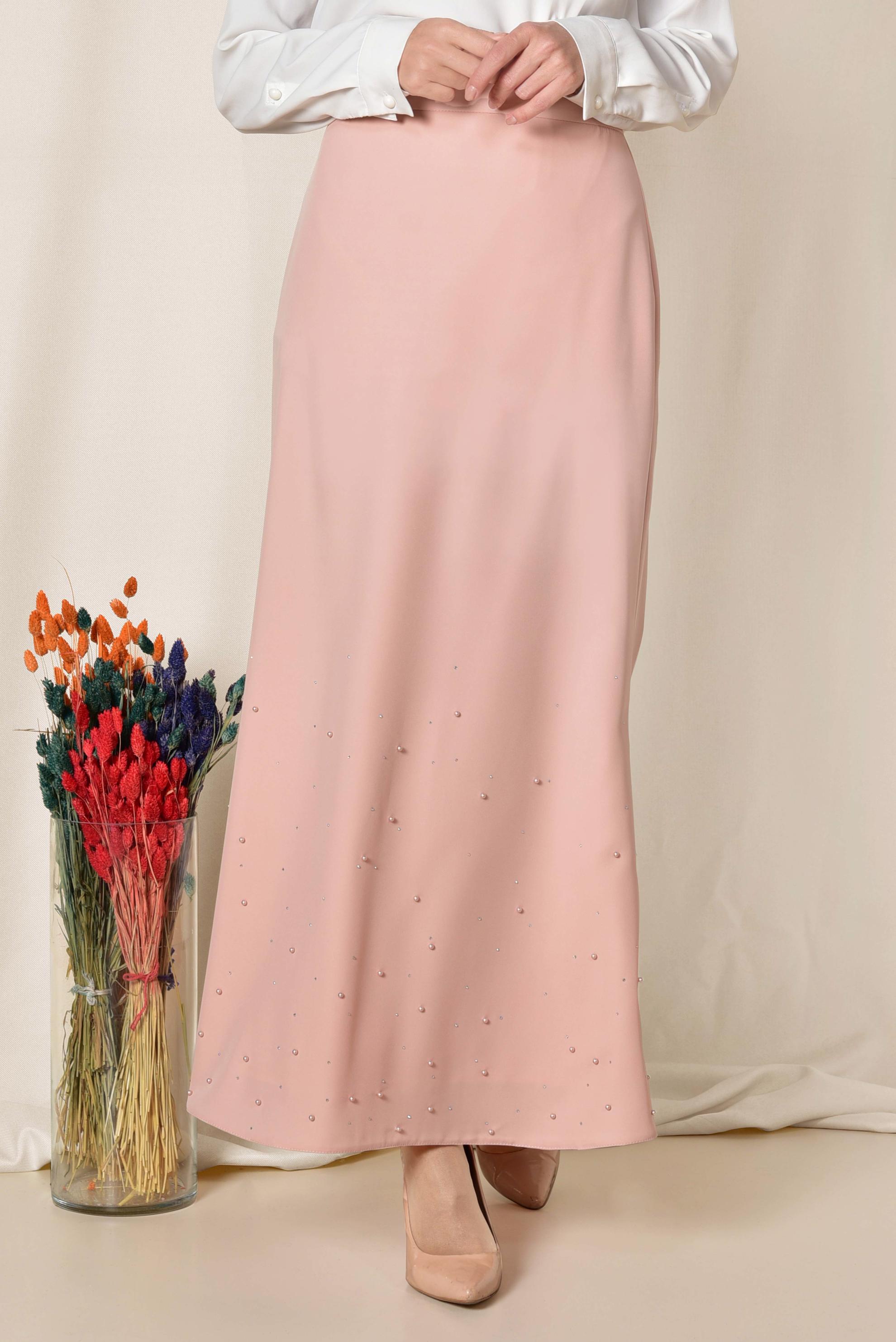 Tesettür giyim PUDRA ETEK UCU ASİMETRİK YÜKSEK BEL ETEK 6203