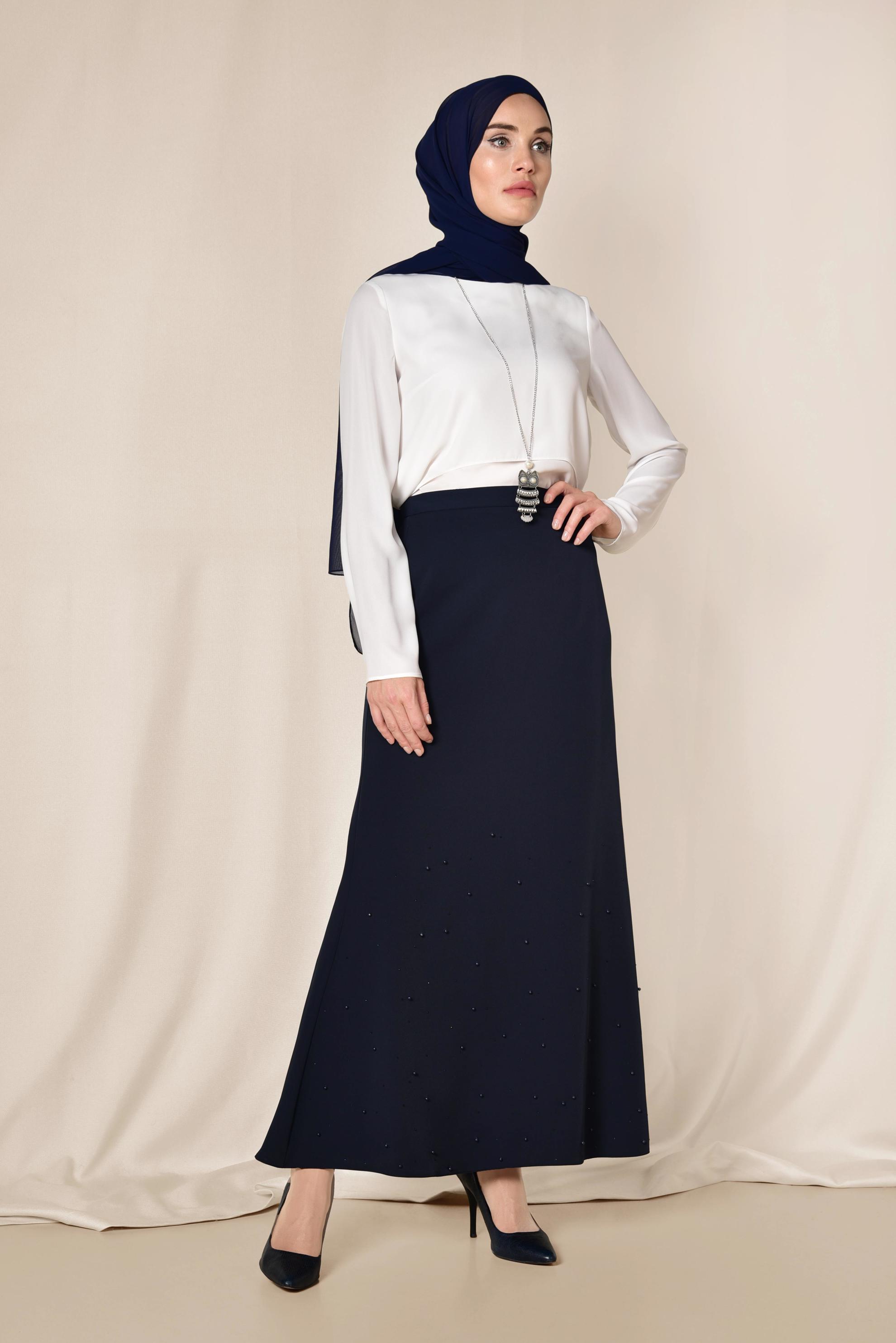 Tesettür giyim LACİVERT ETEK UCU ASİMETRİK YÜKSEK BEL ETEK 6203