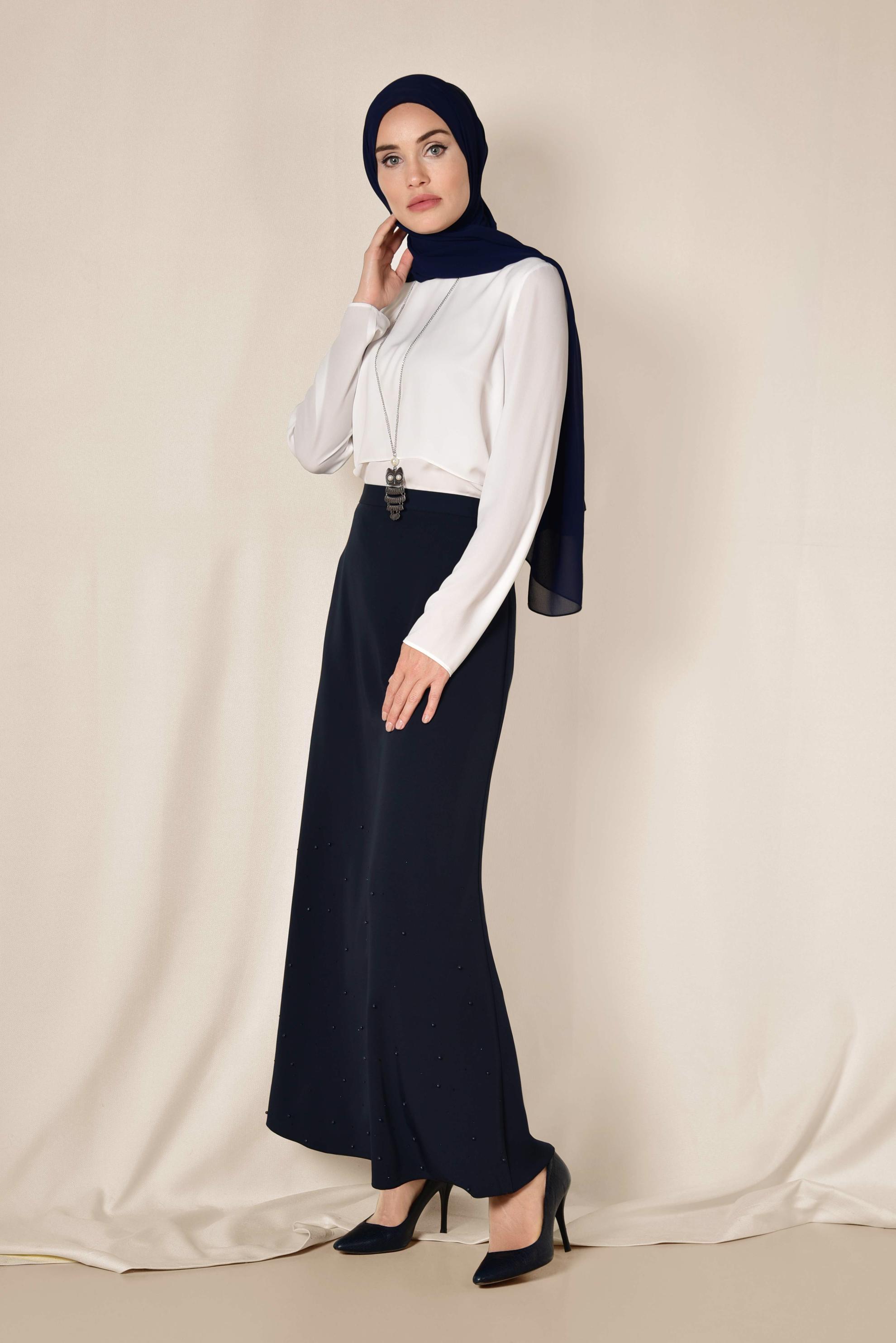 Tesettür giyim LACİVERT ETEK UCU ASİMETRİK YÜKSEK BEL ETEK 6203