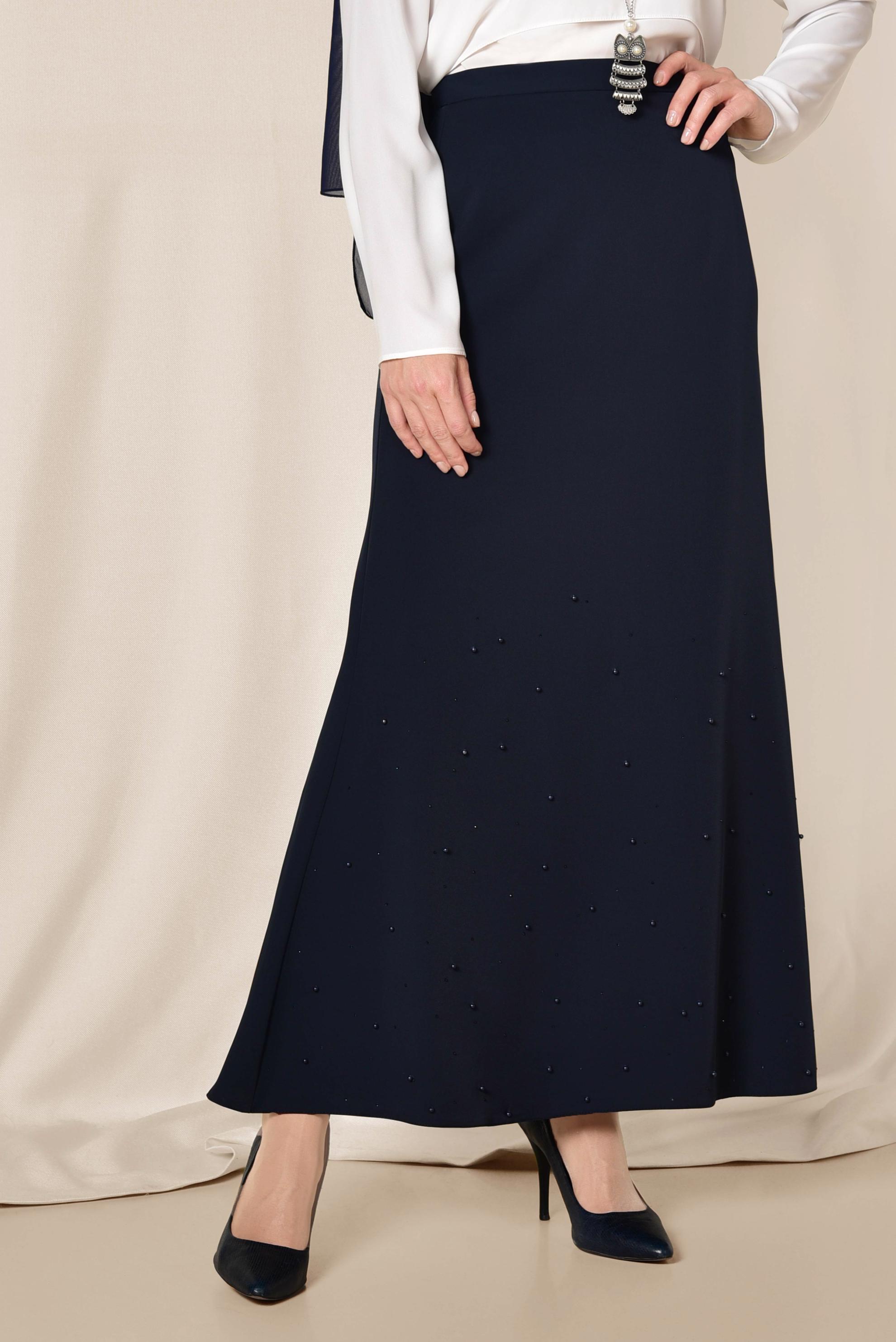 Tesettür giyim LACİVERT ETEK UCU ASİMETRİK YÜKSEK BEL ETEK 6203