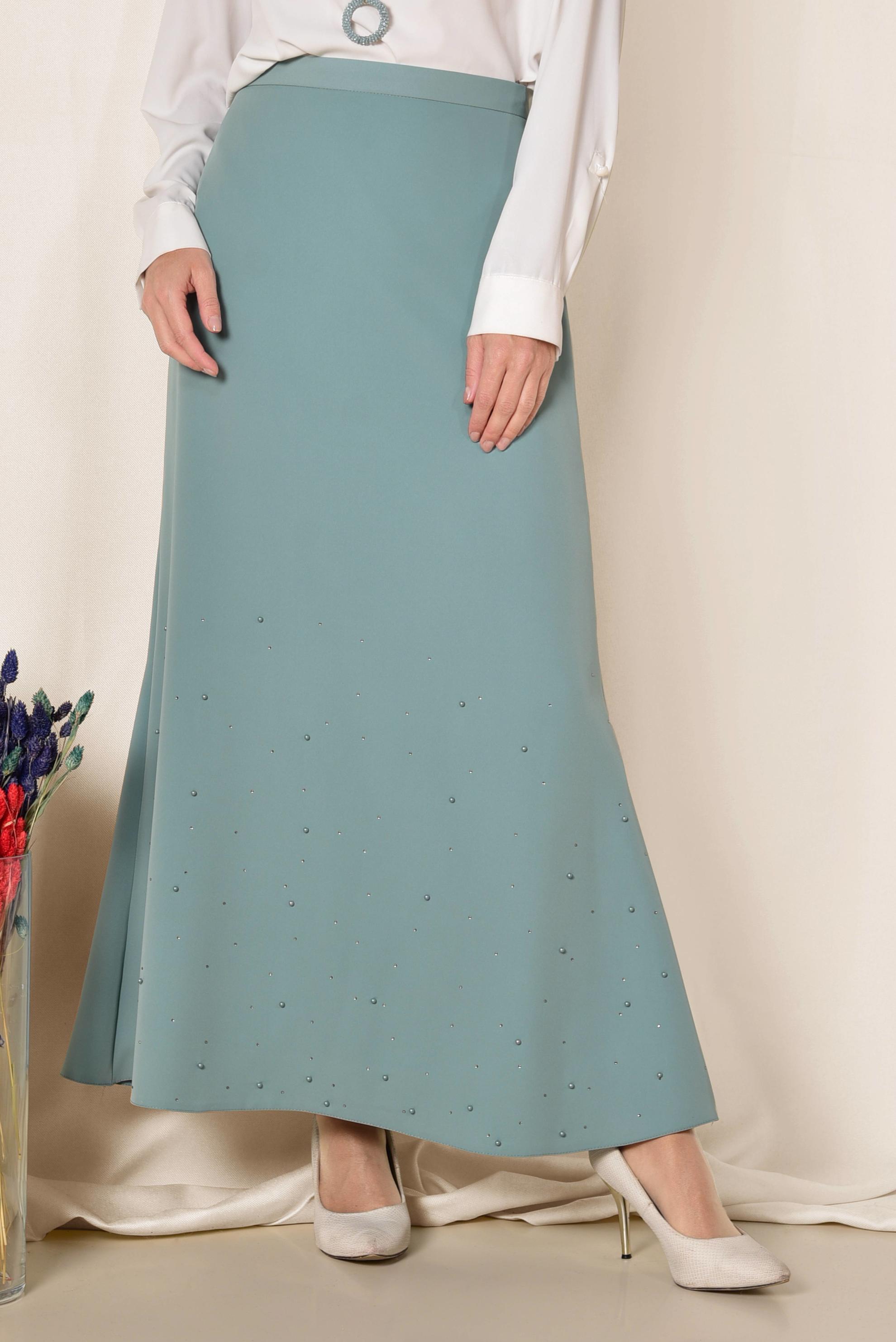 Tesettür giyim YEŞİL ETEK UCU ASİMETRİK YÜKSEK BEL ETEK 6203